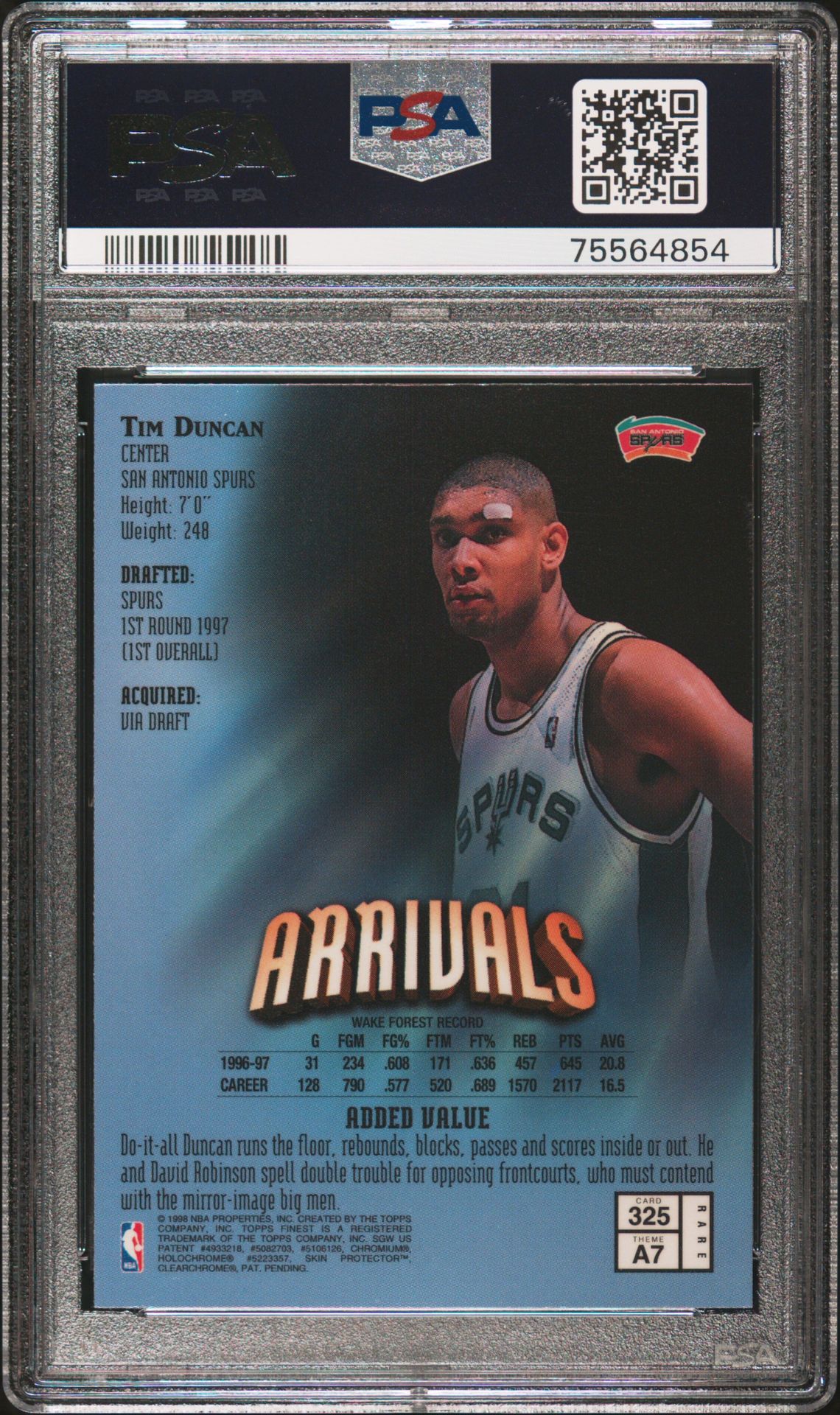 1997 Finest Tim Duncan #325 (W/Coating) Mint 9 back