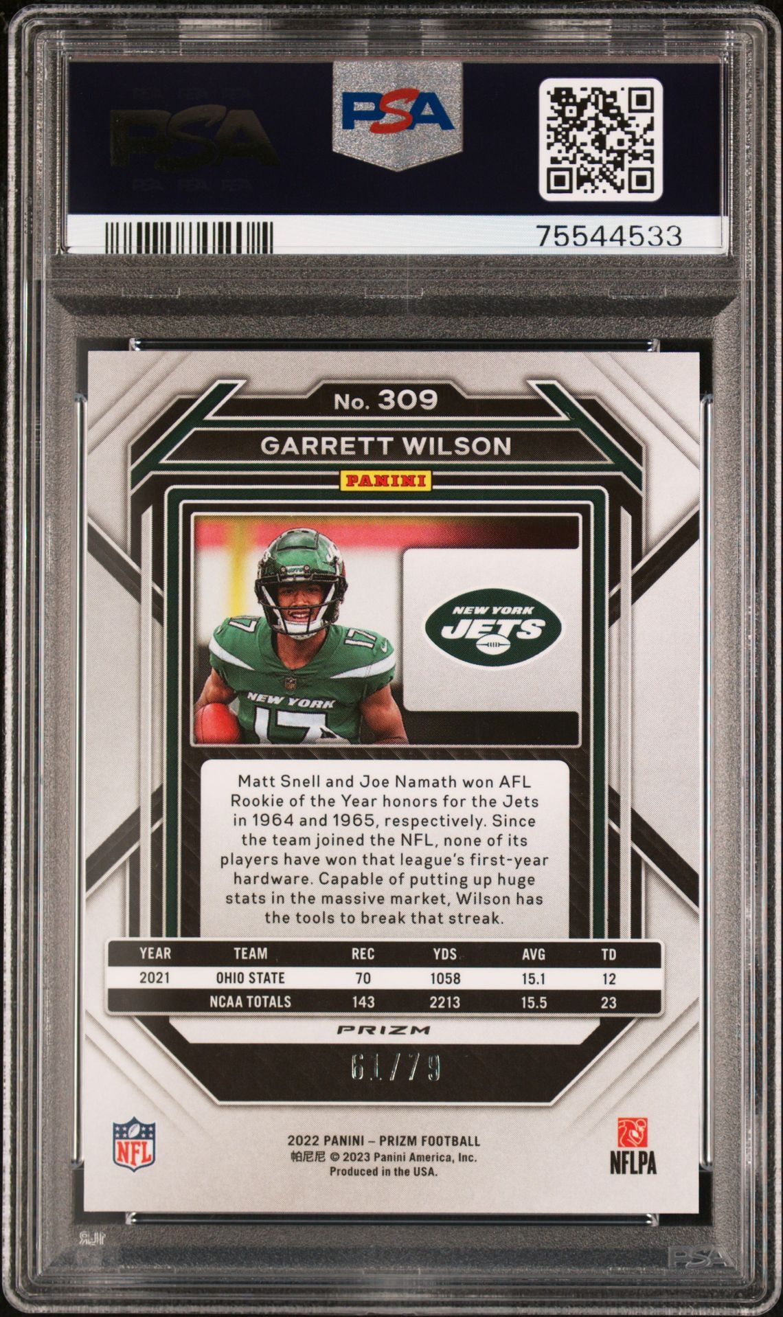 2022 Panini Prizm Garrett Wilson #309 (No Huddle Blue) Gem Mt 10 back