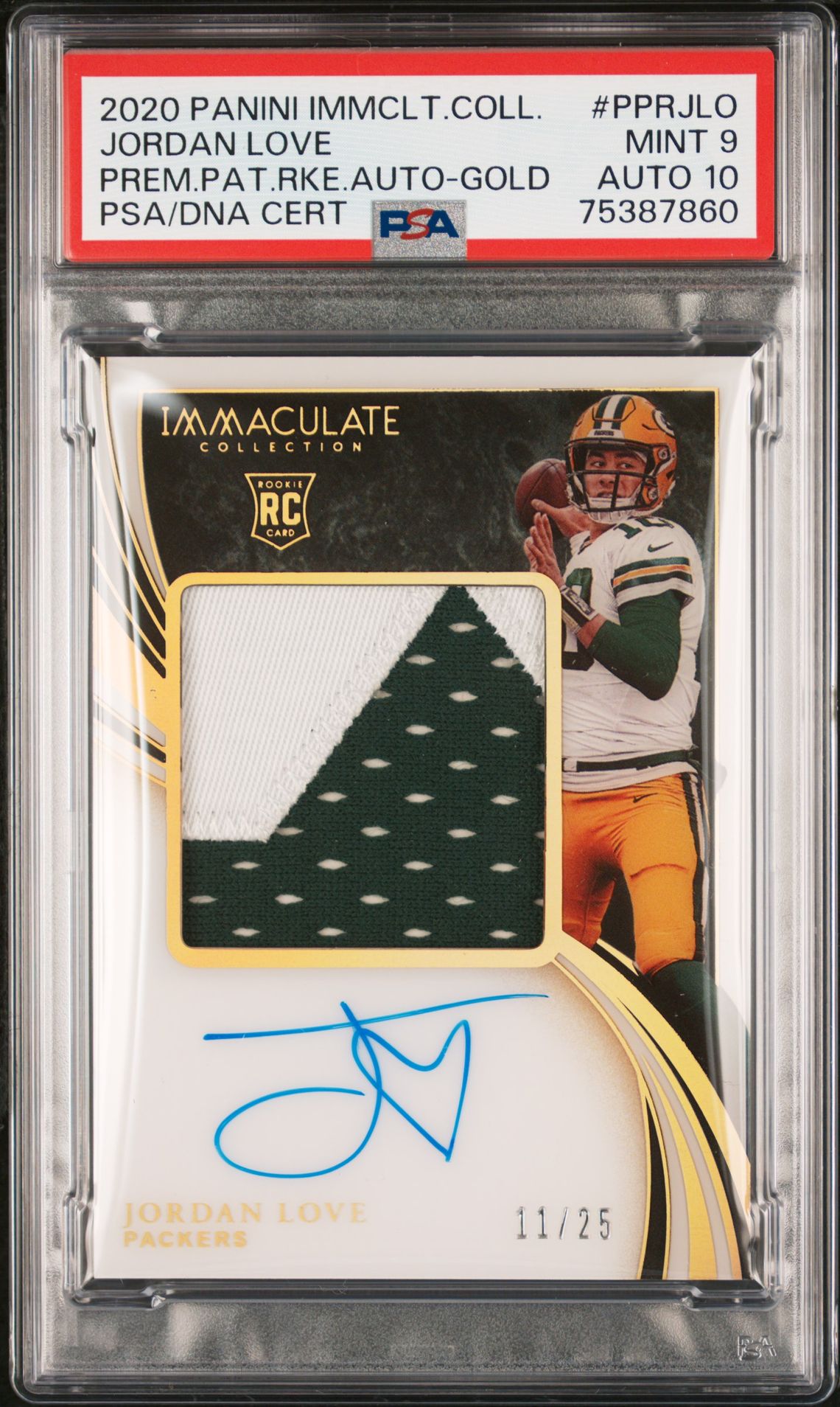 2020 Panini PANINI IMMACULATE COLLECTION PREMIUM PATCH ROOKIE AUTOGRAPHS PREM.PAT.RKE.AUTO-GOLD #PPRJLO Jordan Love front