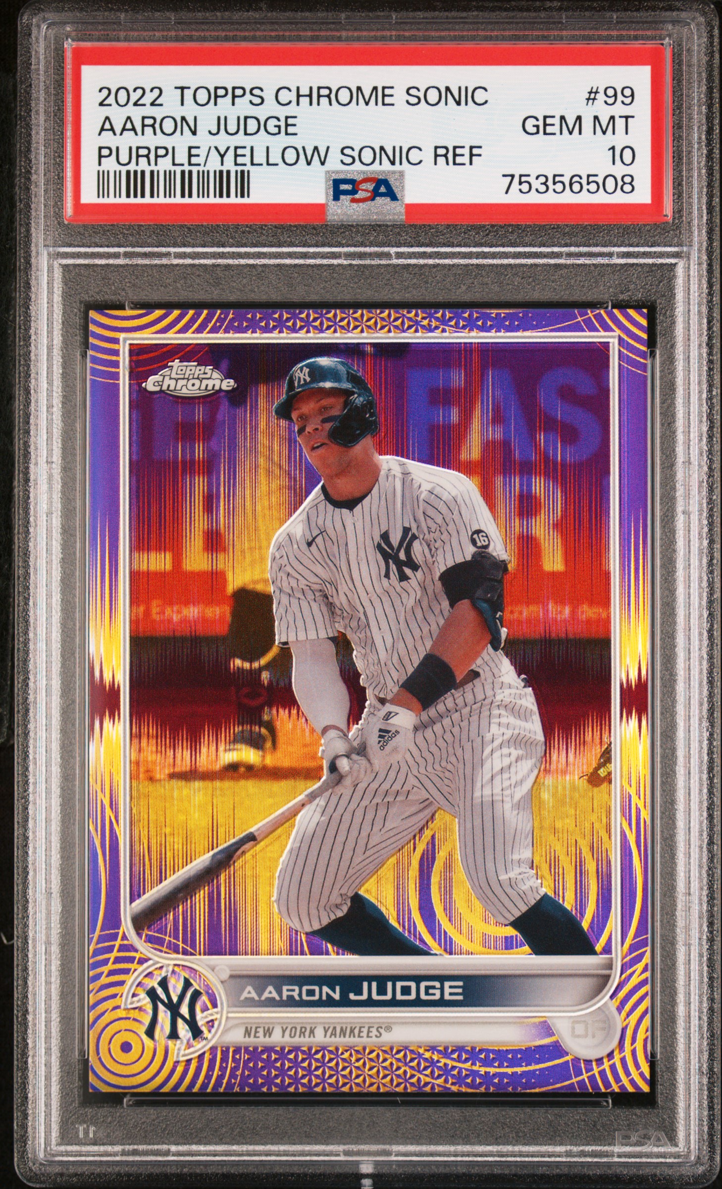 2022 Topps Chrome Sonic Purple/Yellow Sonic Refractor #99 Aaron Judge (#060/299) – PSA GEM MT 10