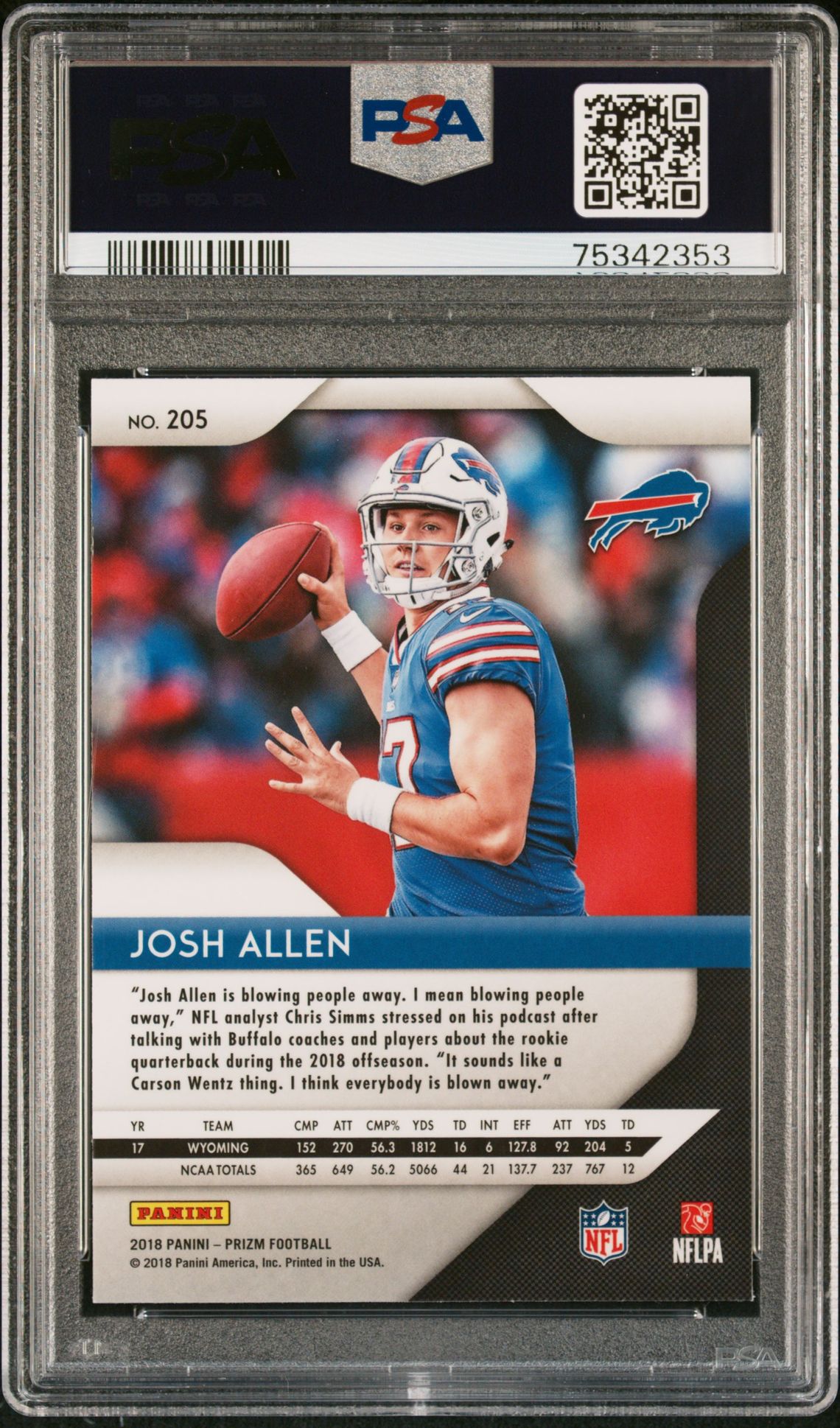 2018 Panini Prizm Josh Allen #205 Gem Mt 10 back