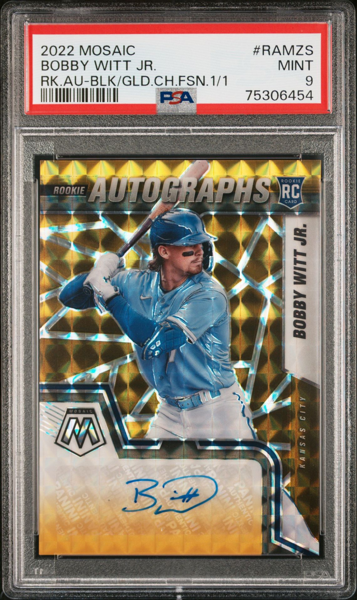2022 Panini PANINI MOSAIC ROOKIE AUTOGRAPHS RK.AU-BLK/GLD.CH.FSN.1/1 #RAMZS Bobby Witt Jr. front