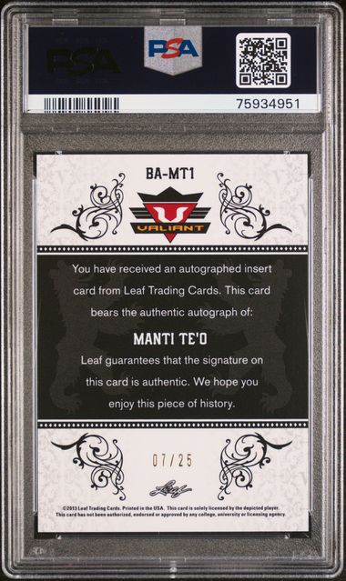 2013 Leaf Valiant Manti Te'o #Mt1 (Autograph-Purple) Gem Mt 10 back