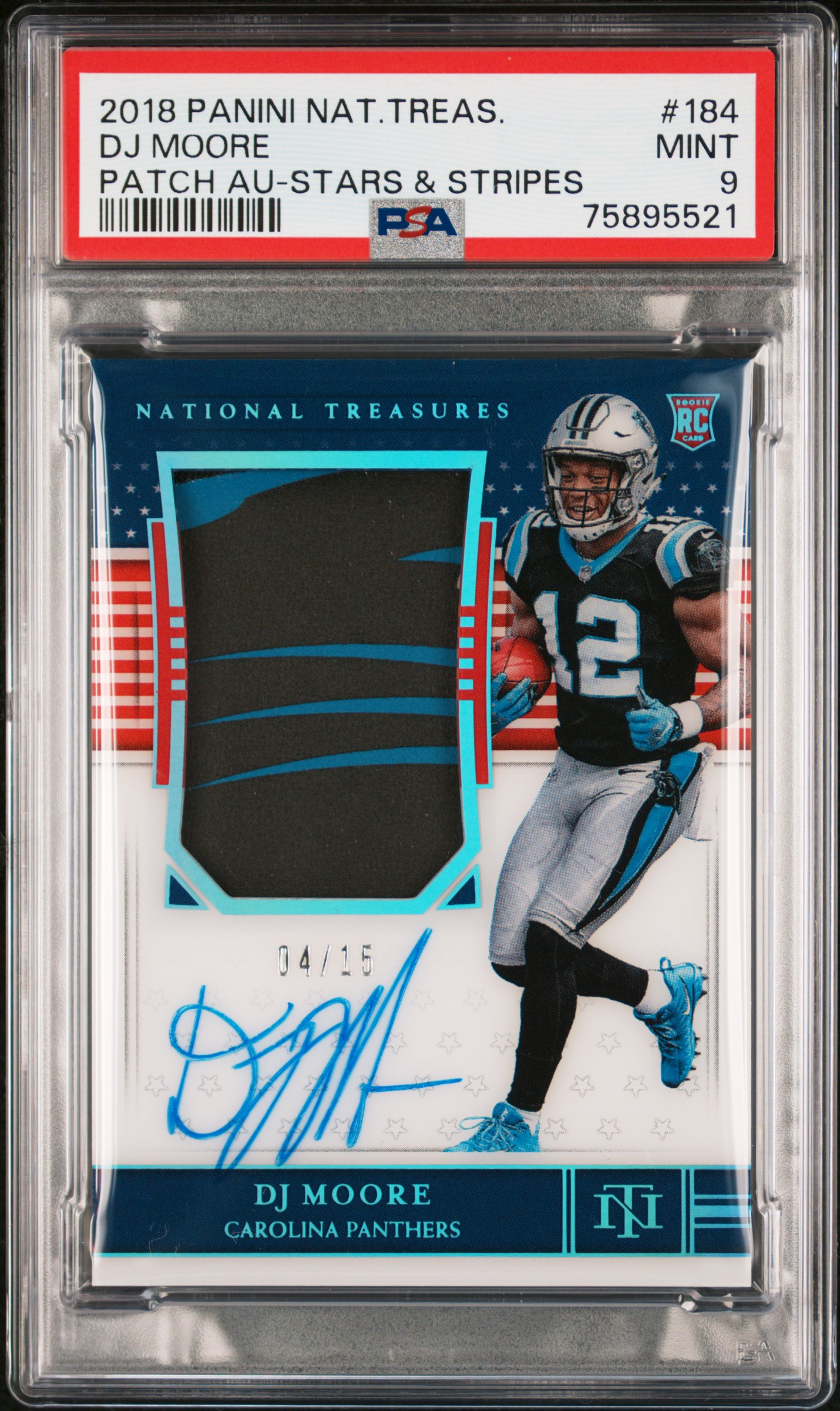 2018 Panini National Treasures Rookie Patch Autograph (RPA) Stars & Stripes #184 DJ Moore Signed Patch Rookie Card (#04/15) – PSA MINT 9