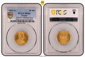 1913-A 20 Mk Military Bust KM-537  Au MS65