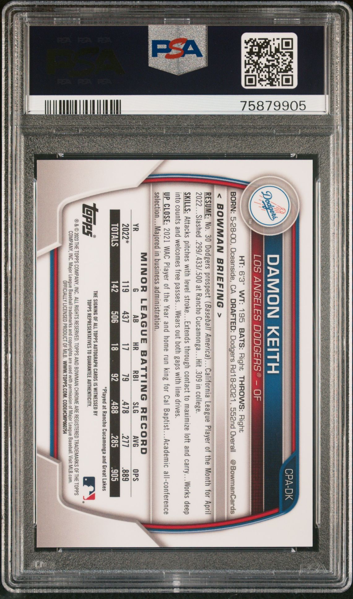 2023 Bowman Chrome Prospect Autographs Damon Keith #Cpadk (Chr Prospect Au-Purple Ref) Gem Mt 10 back