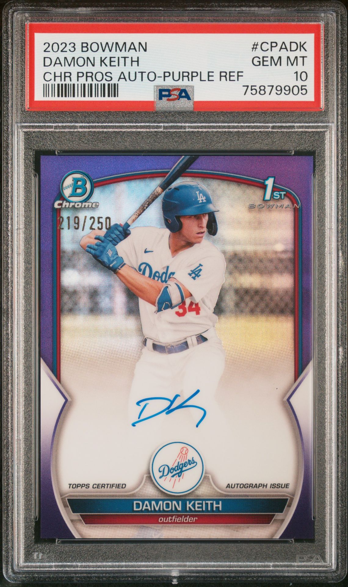 2023 Bowman Chrome Prospect Autographs Damon Keith #Cpadk (Chr Prospect Au-Purple Ref) Gem Mt 10 front