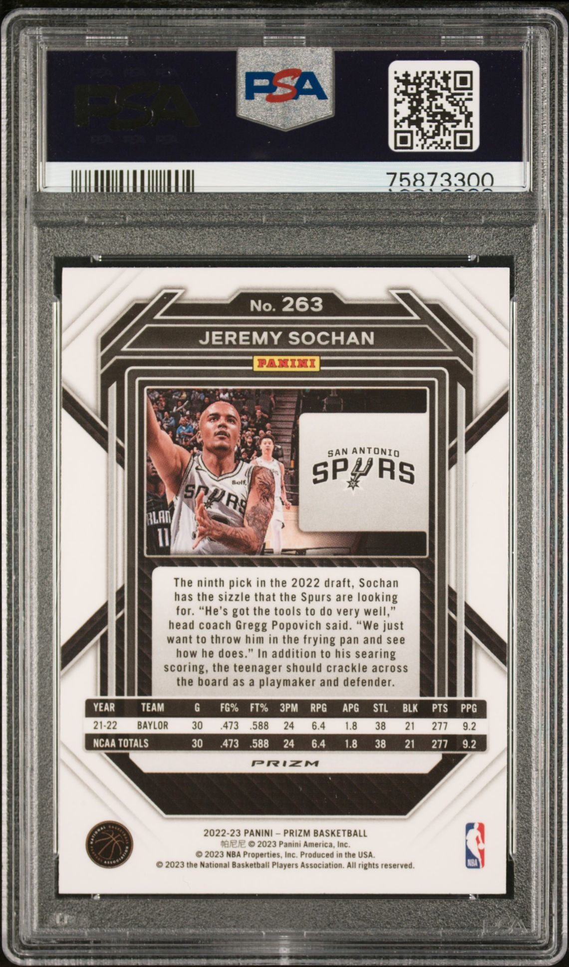 2022 Panini Prizm Jeremy Sochan #263 (Red Ice) Gem Mt 10 back