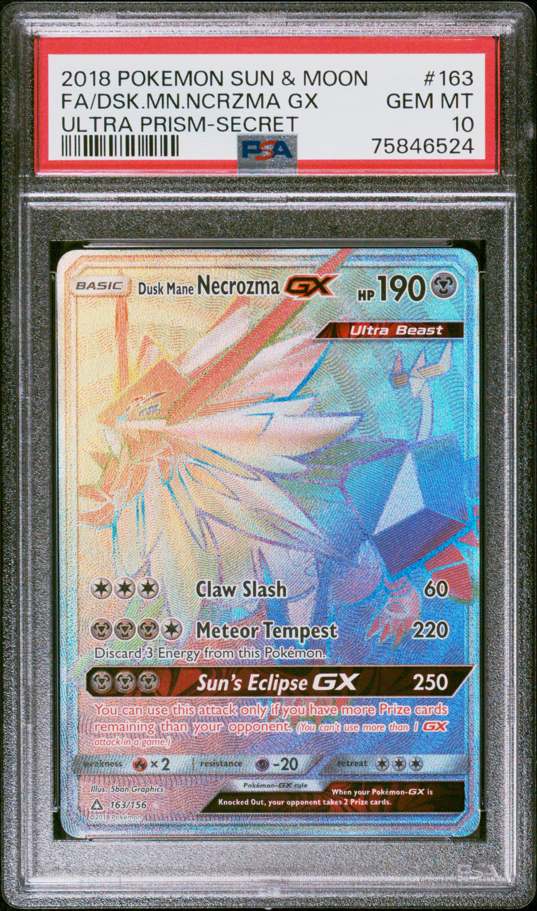 2018 Pokemon Sun and Moon Ultra Prism Secret Rare Full Art #163 Dusk Mane Necrozma GX – PSA GEM MT 10