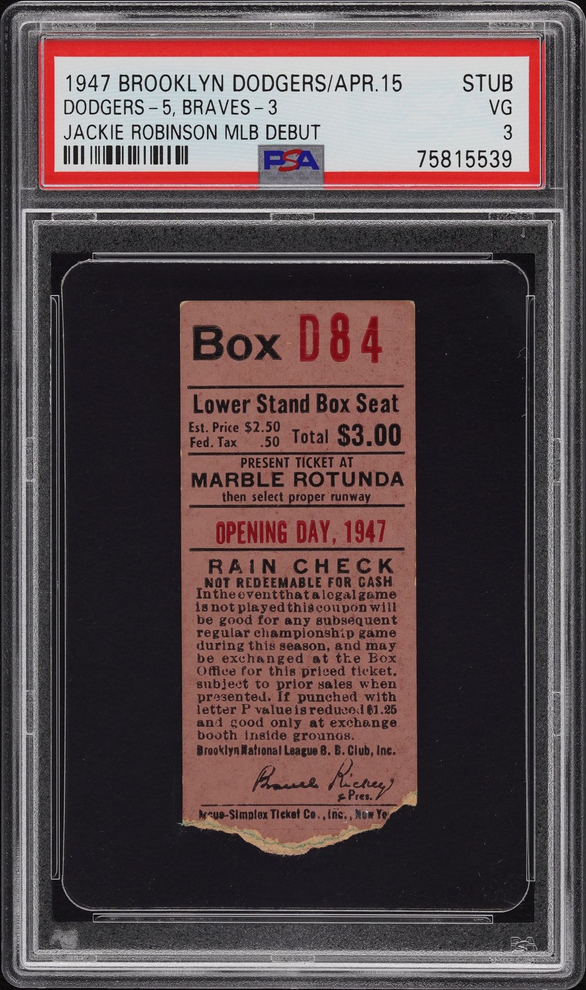 Jackie Robinson debut ticket stub graded PSA VG 3, cert 75815539, sold for $366,000