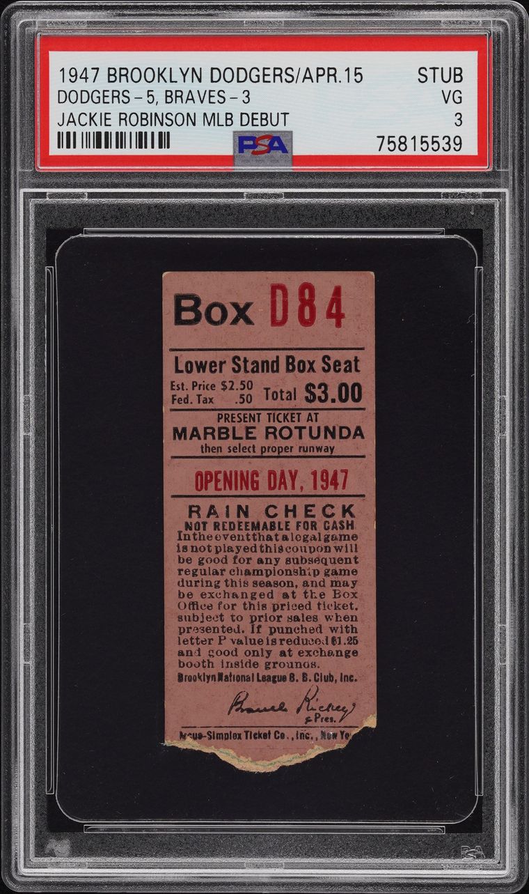 1947 Jackie Robinson MLB debut ticket stub graded PSA 3