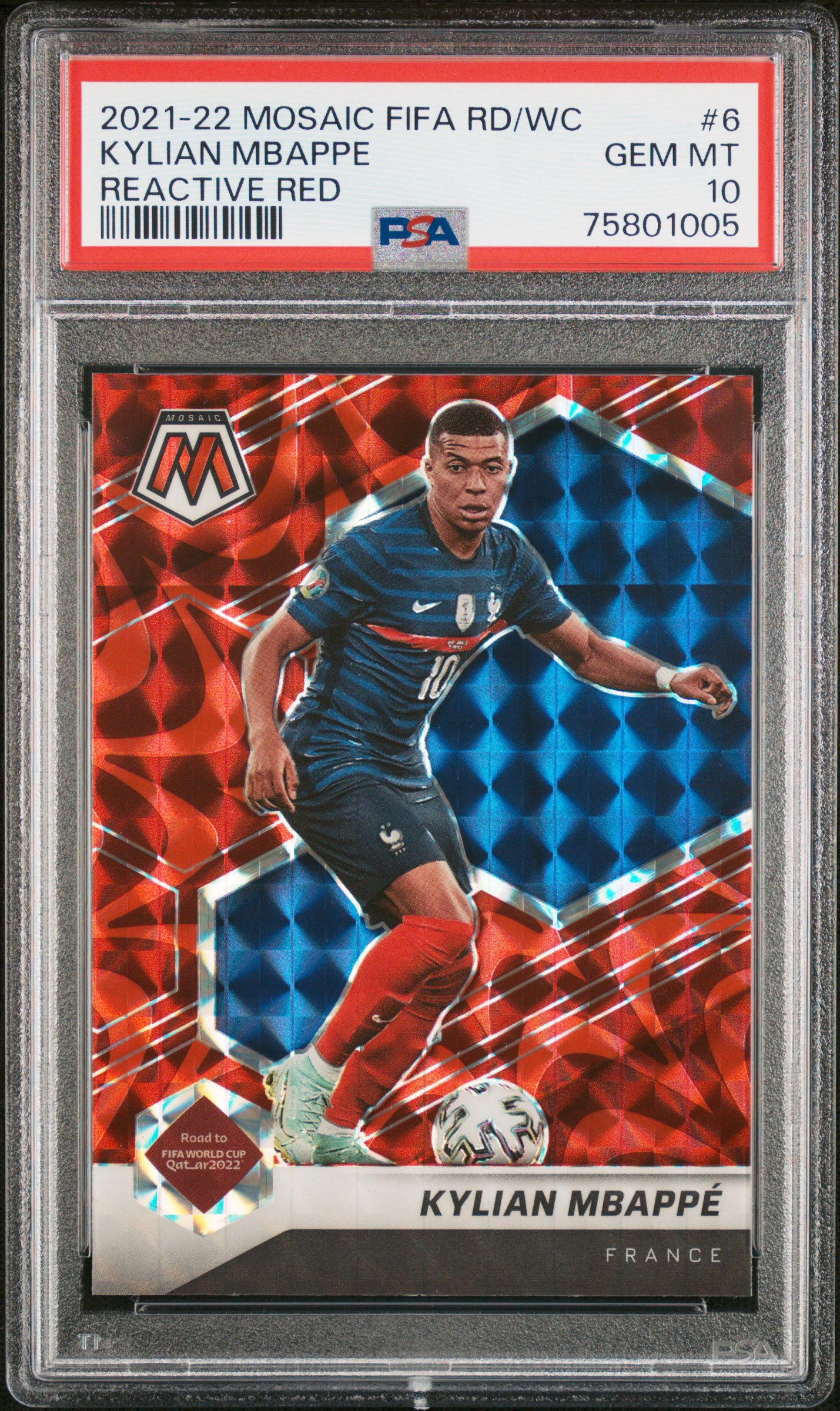 2021-22 Panini Mosaic FIFA Road To World Cup Reactive Red #6 Kylian Mbappe – PSA GEM MT 10