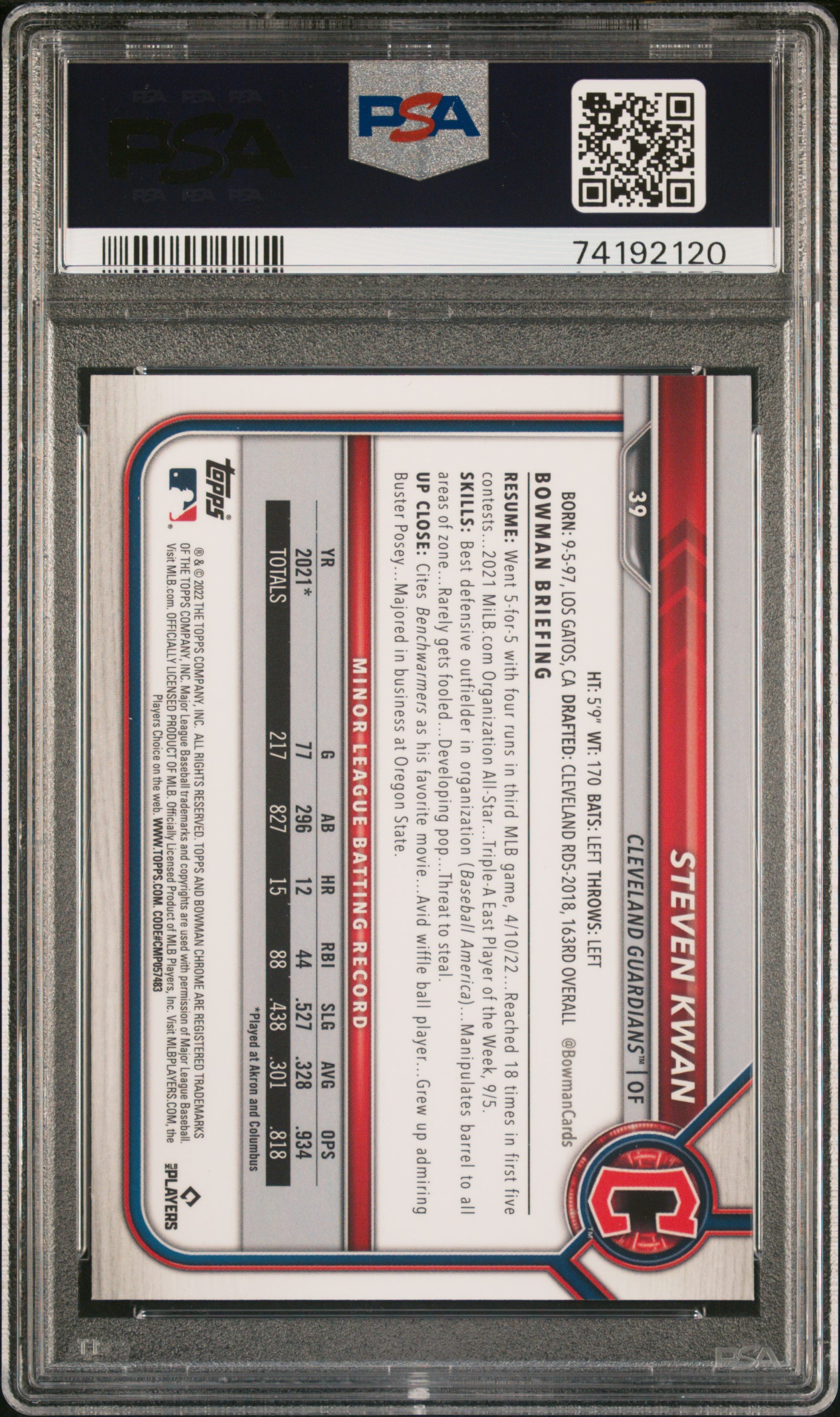 2022 Bowman Chrome Sapphire Edition Steven Kwan #39 Mint 9 back