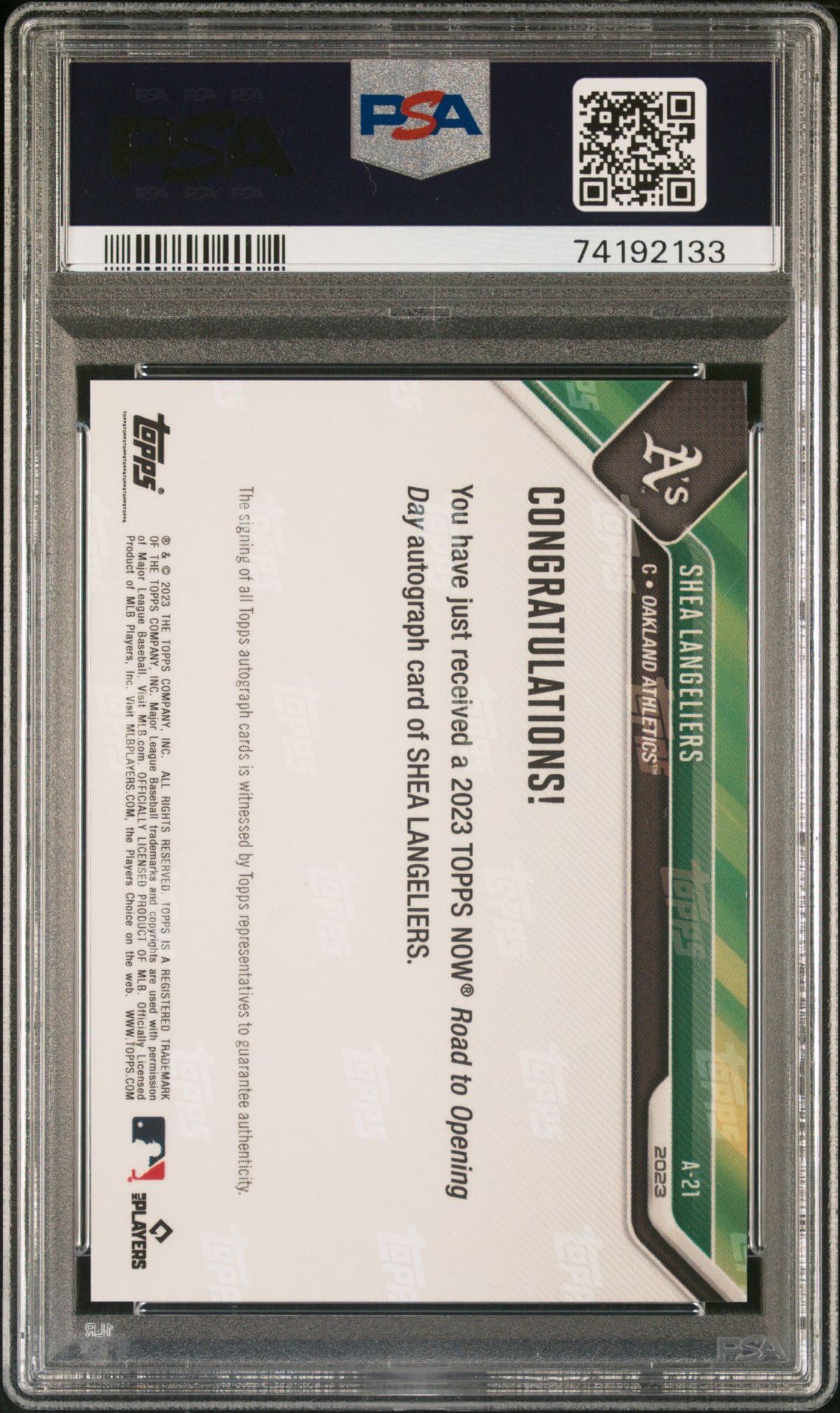 2023 Topps Now Road To Opening Day Autographs Shea Langeliers #A21 (Road/Opening Day Au-Blue) Gem Mt 10 back