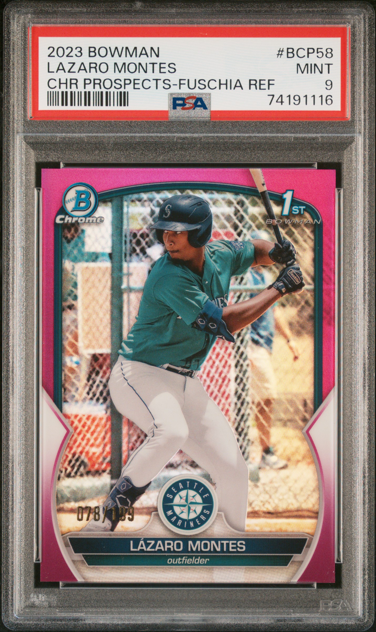 2023 Bowman Chrome Prospects Fuchsia Refractor #BCP-58 Lazaro Montes Rookie Card (#078/199) – PSA MINT 9