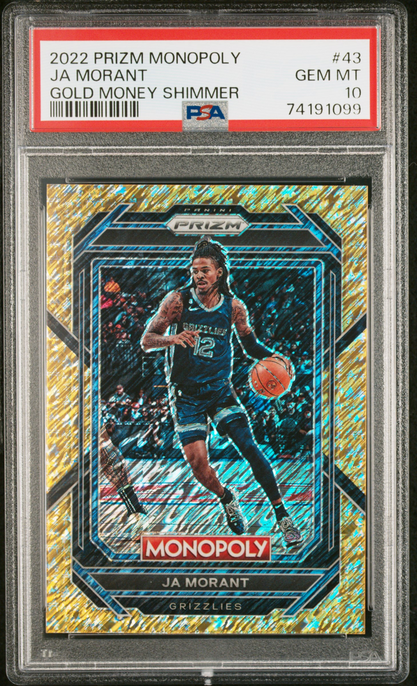 2022 Panini Prizm Monopoly Gold Money Shimmer #43 Ja Morant (#382/500) – PSA GEM MT 10