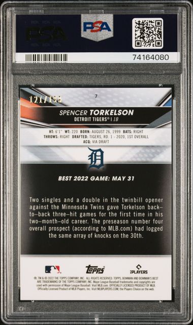 2022 Bowman's Best Spencer Torkelson #7 (Aqua Lava Refractor) Gem Mt 10 back