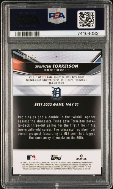 2022 Bowman's Best Spencer Torkelson #7 (Green Refractor) Mint 9 back
