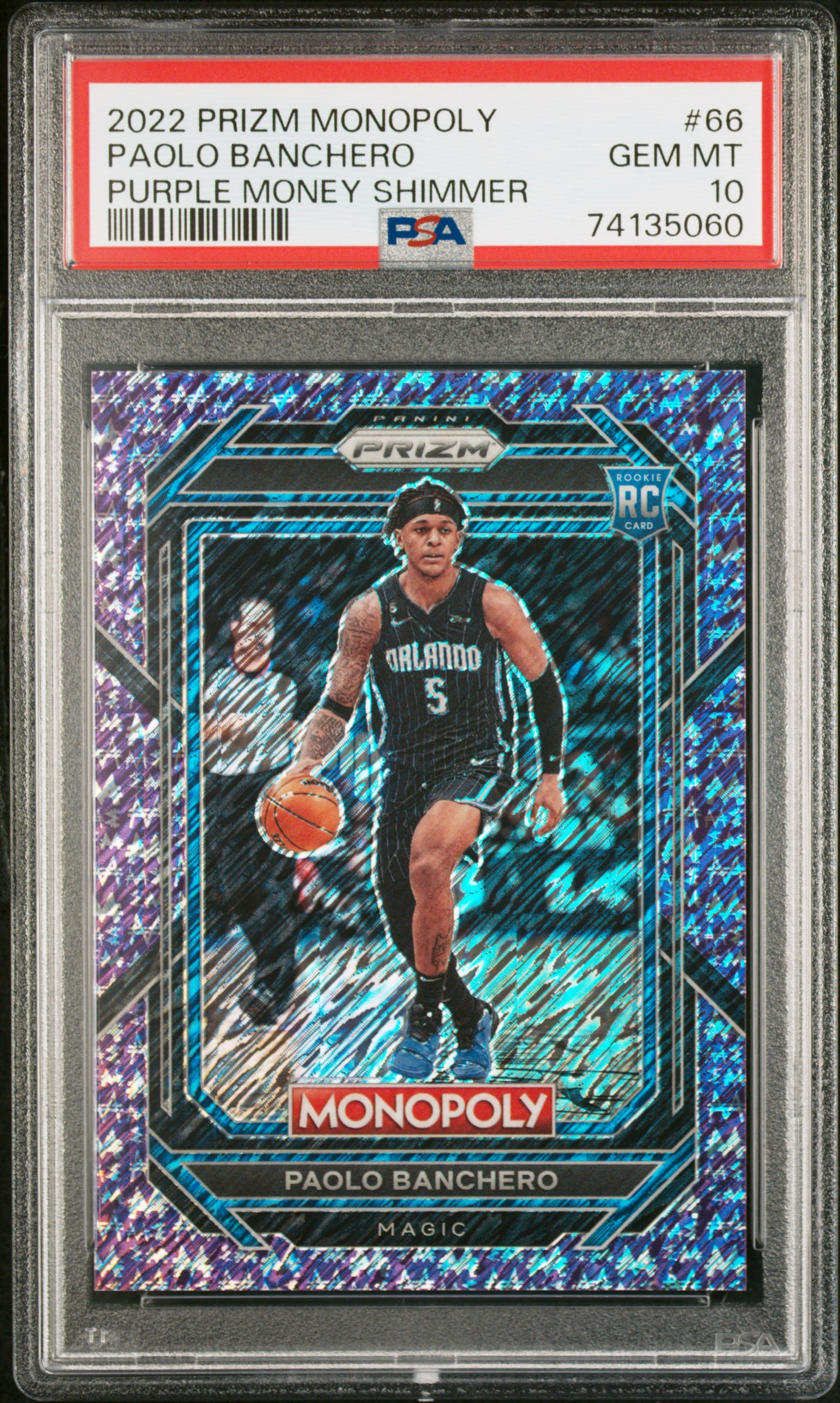 2022-23 Panini Prizm Monopoly Purple Money Shimmer #66 Paolo Banchero Rookie Card (#45/50) – PSA GEM MT 10