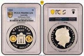 2002 $1 Melbourne Mint KM-660 Select Gilt Ag PR69DCAM