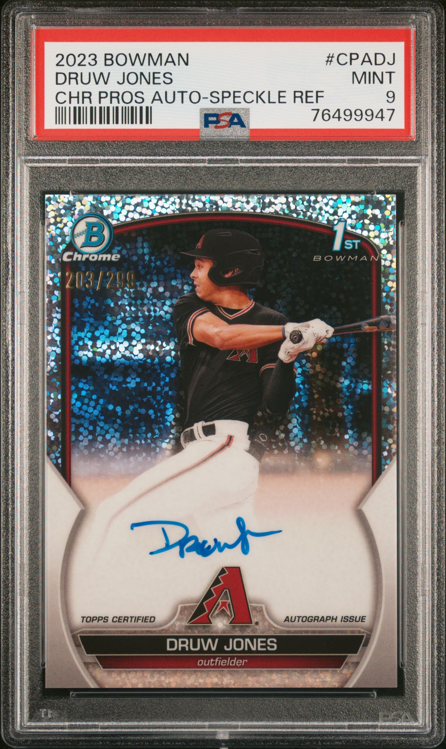 2023 Bowman Chrome Prospect Autographs Druw Jones #Cpadj (Chr Prospect Au-Speckle Ref) Mint 9 front