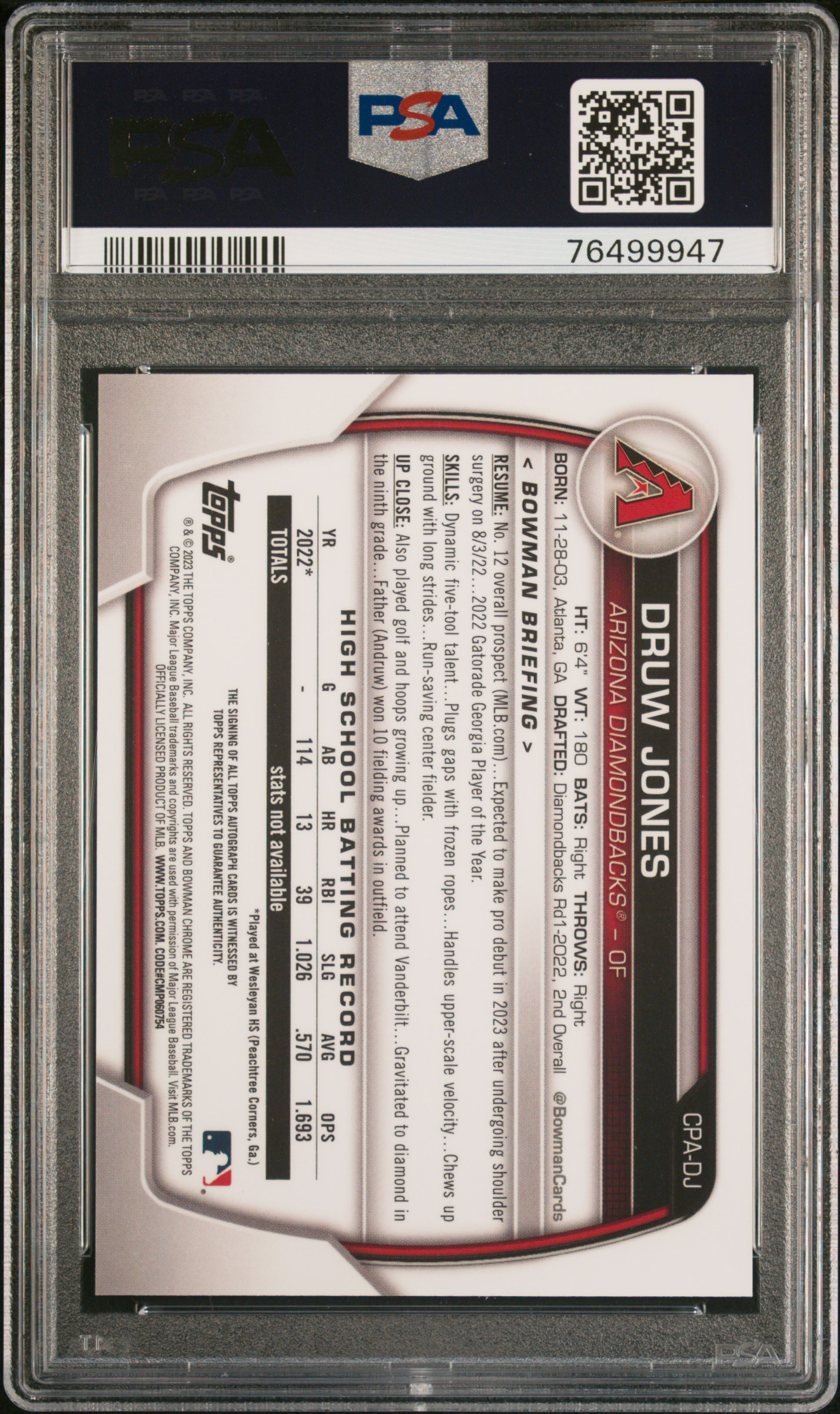 2023 Bowman Chrome Prospect Autographs Druw Jones #Cpadj (Chr Prospect Au-Speckle Ref) Mint 9 back