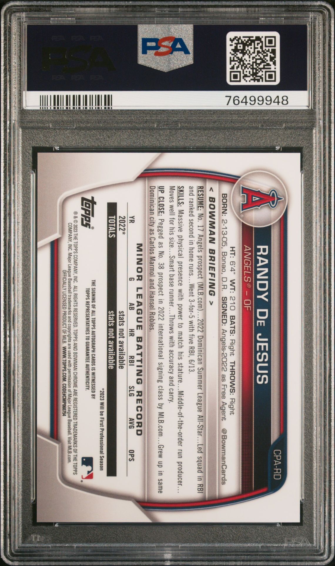 2023 BOWMAN CHROME PROSPECT AUTOGRAPHS RANDY DE JESUS CHR PROSPECT AUTO-GOLD REF CPARD GEM MT 10 back