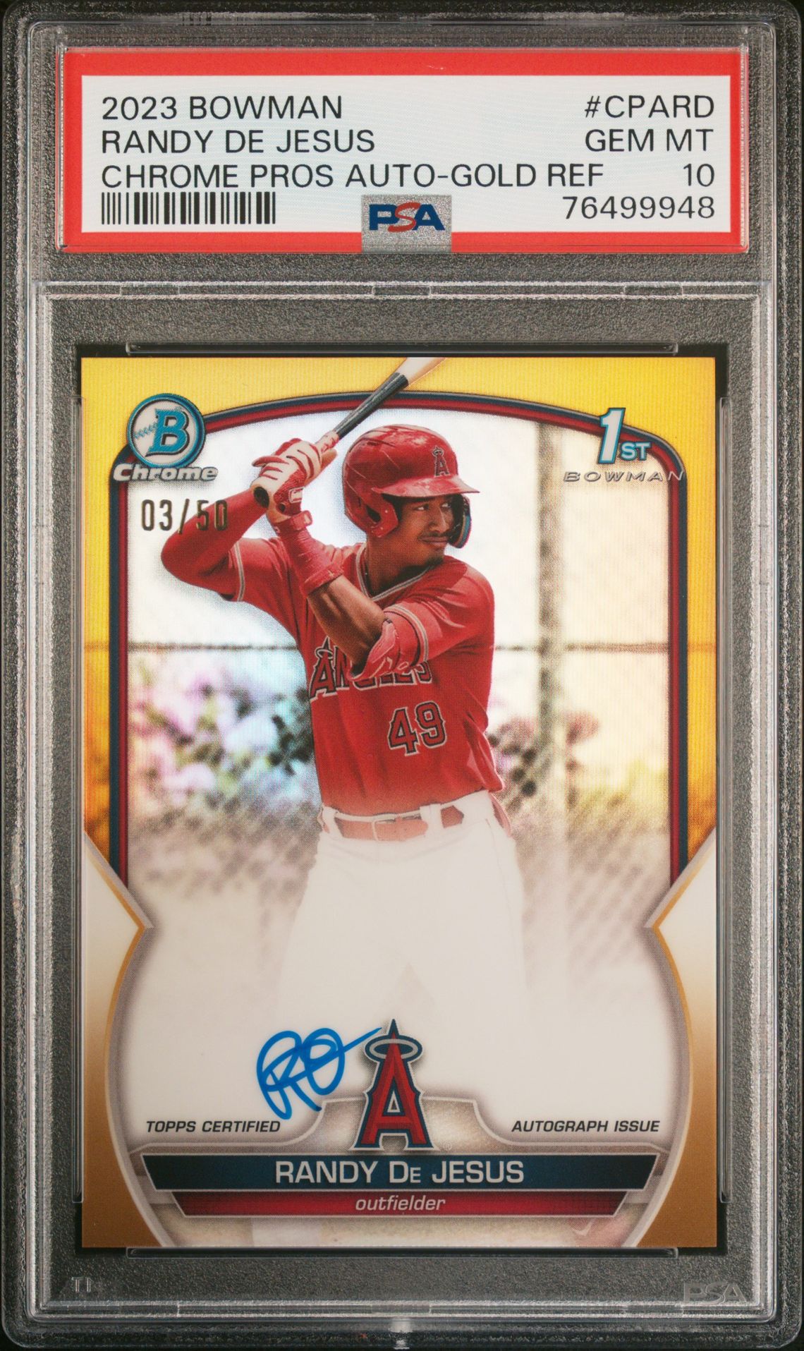 2023 BOWMAN CHROME PROSPECT AUTOGRAPHS RANDY DE JESUS CHR PROSPECT AUTO-GOLD REF CPARD GEM MT 10 front