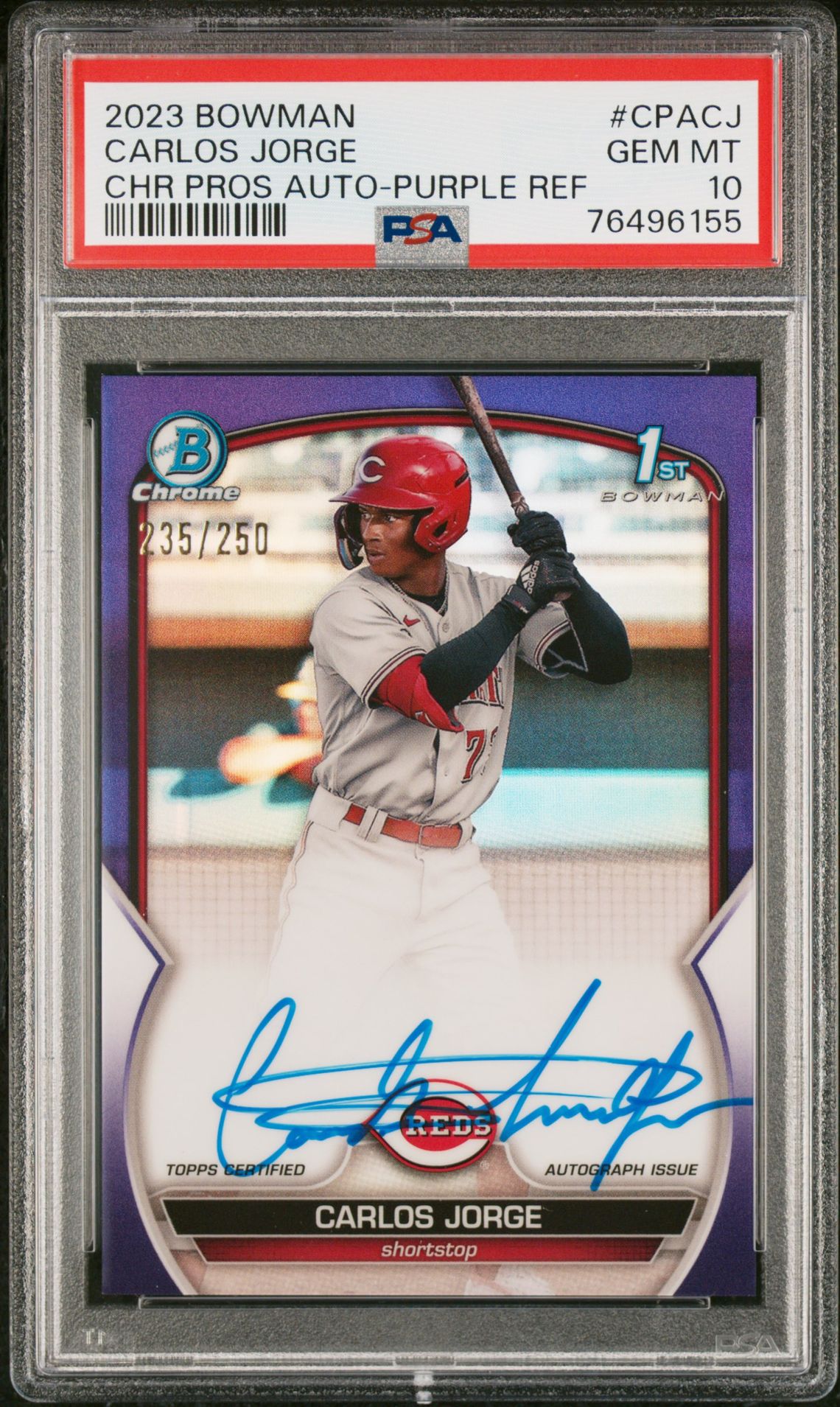 2023 Bowman Chrome Prospect Autographs Carlos Jorge #Cpacj (Chr Prospect Au-Purple Ref) Gem Mt 10 front view - PSA graded GEM MT 10
