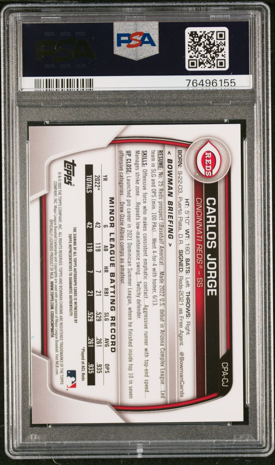 2023 Bowman Chrome Prospect Autographs Carlos Jorge #Cpacj (Chr Prospect Au-Purple Ref) Gem Mt 10 back view - PSA certificate #76496155