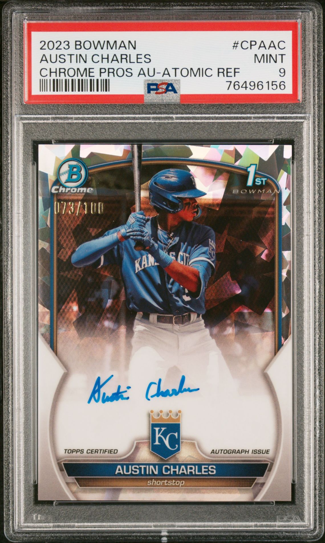 2023 Bowman Chrome Prospect Autographs Austin Charles #Cpaac (Chrome Pros Au-Atomic Ref) Mint 9 front