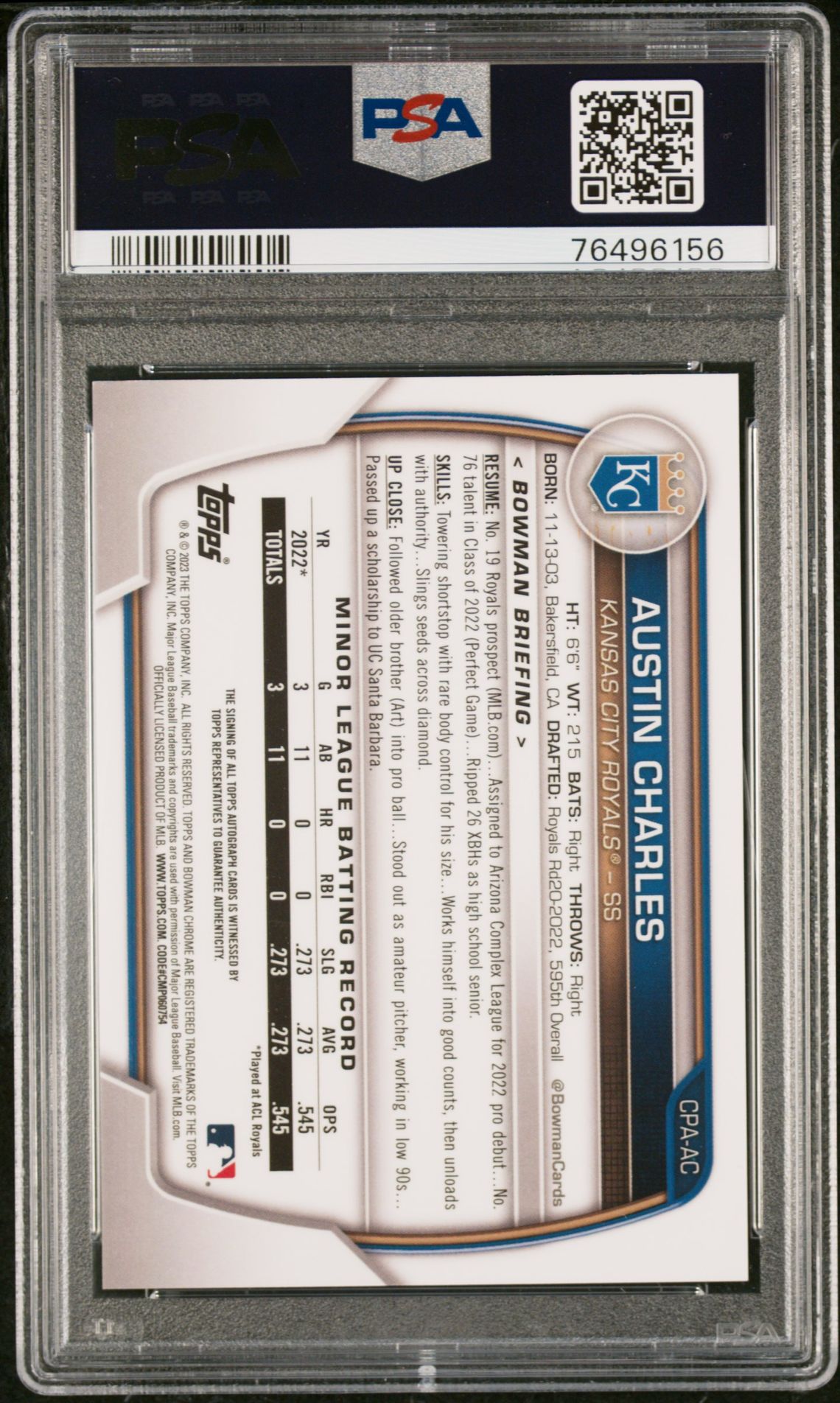 2023 Bowman Chrome Prospect Autographs Austin Charles #Cpaac (Chrome Pros Au-Atomic Ref) Mint 9 back