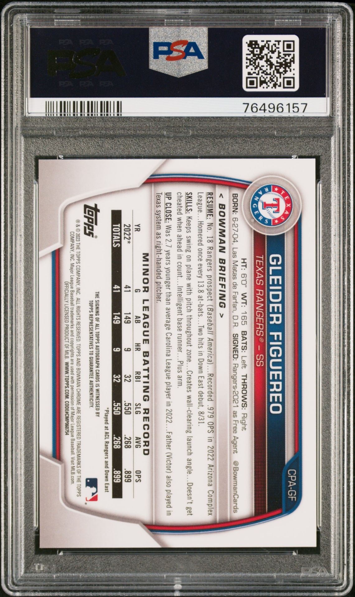2023 Bowman Chrome Prospect Autographs Gleider Figuereo #Cpagf (Chr Prospect Au-Speckle Ref) Mint 9 back
