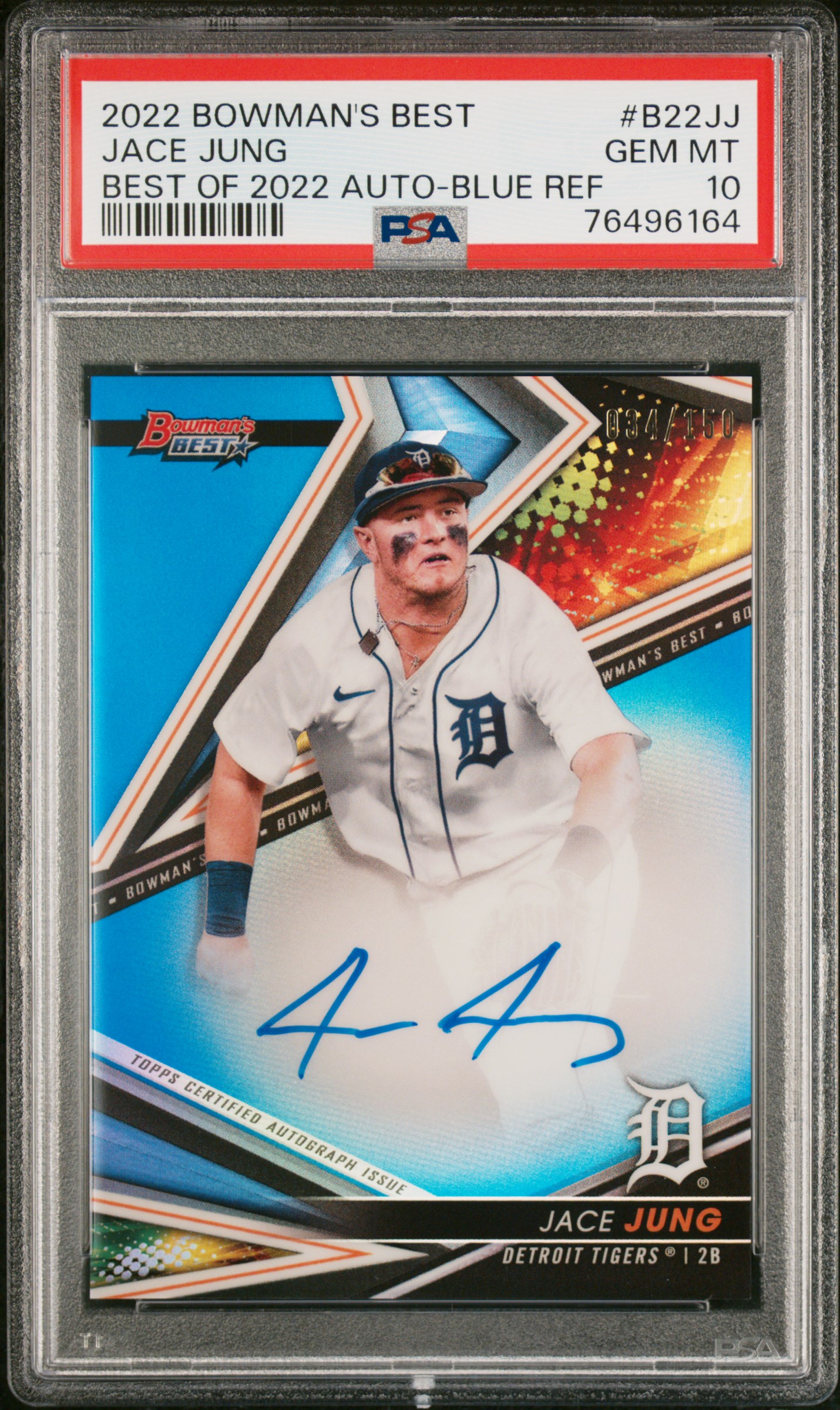 2022 Bowman's Best Best Of 2022 Autographs Jace Jung #B22Jj (Best Of 2022 Auto-Blue Ref) Gem Mt 10 front