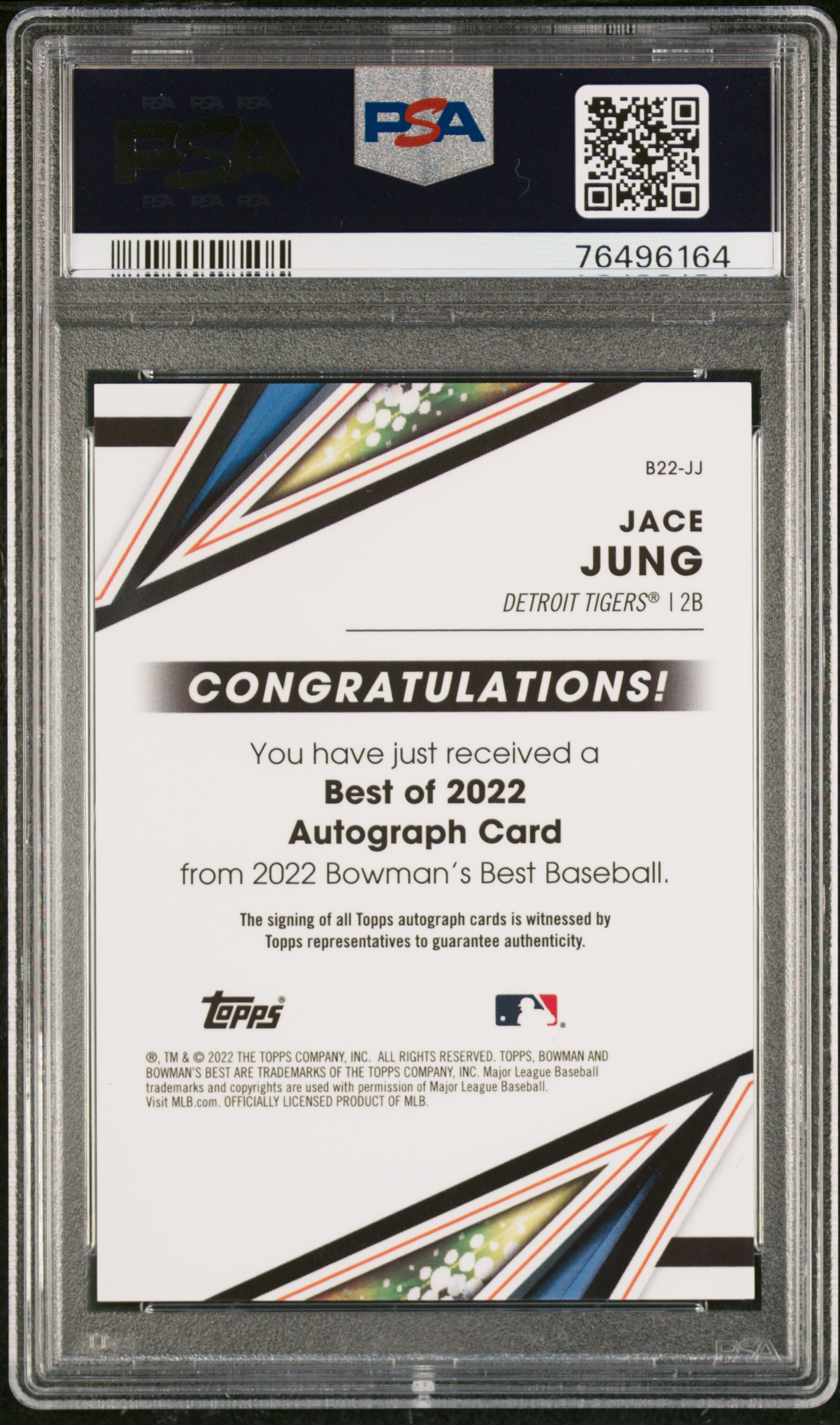 2022 Bowman's Best Best Of 2022 Autographs Jace Jung #B22Jj (Best Of 2022 Auto-Blue Ref) Gem Mt 10 back