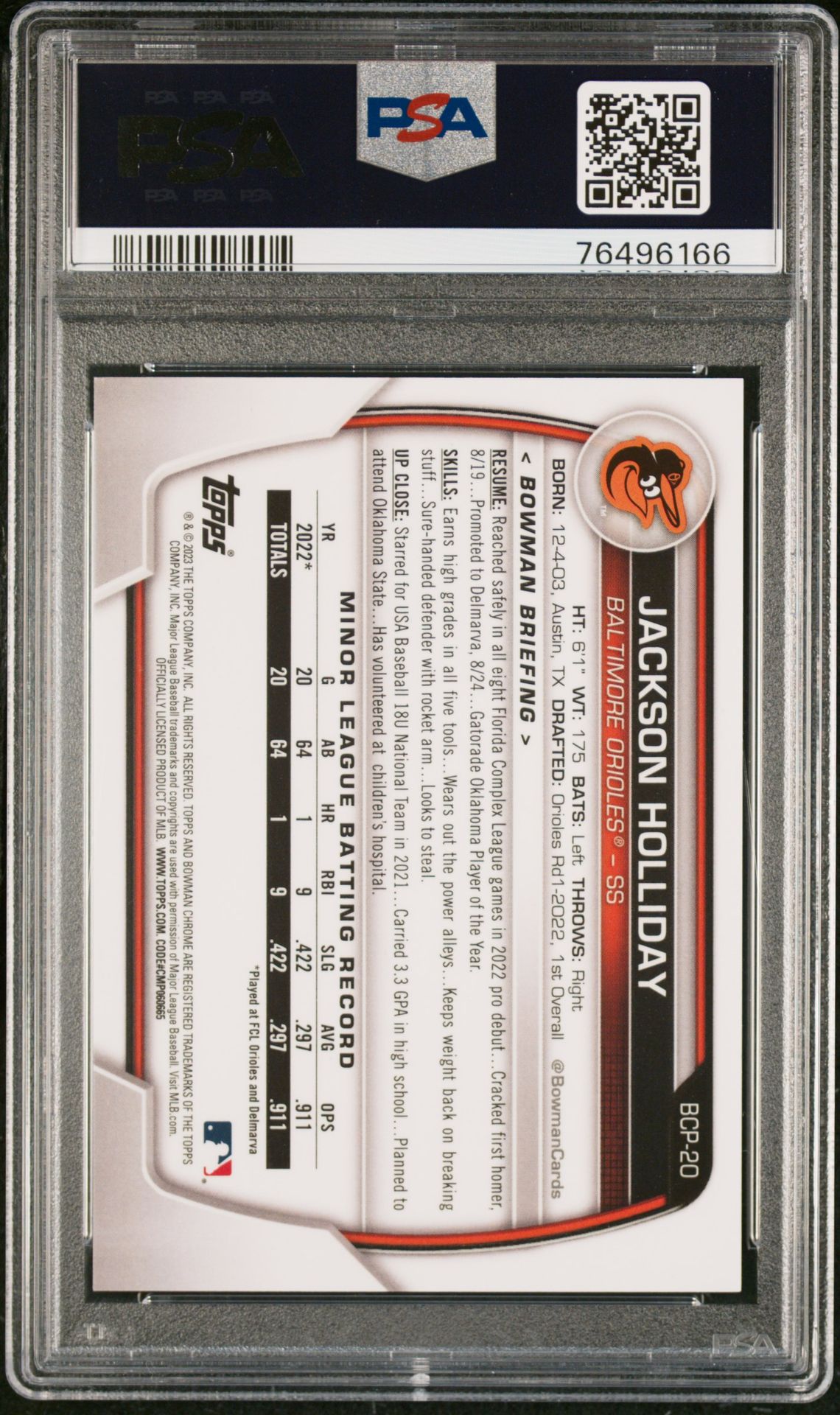 2023 Bowman Chrome Prospects Jackson Holliday #Bcp20 (Chr Pros-Green Grass Ref) Mint 9 back