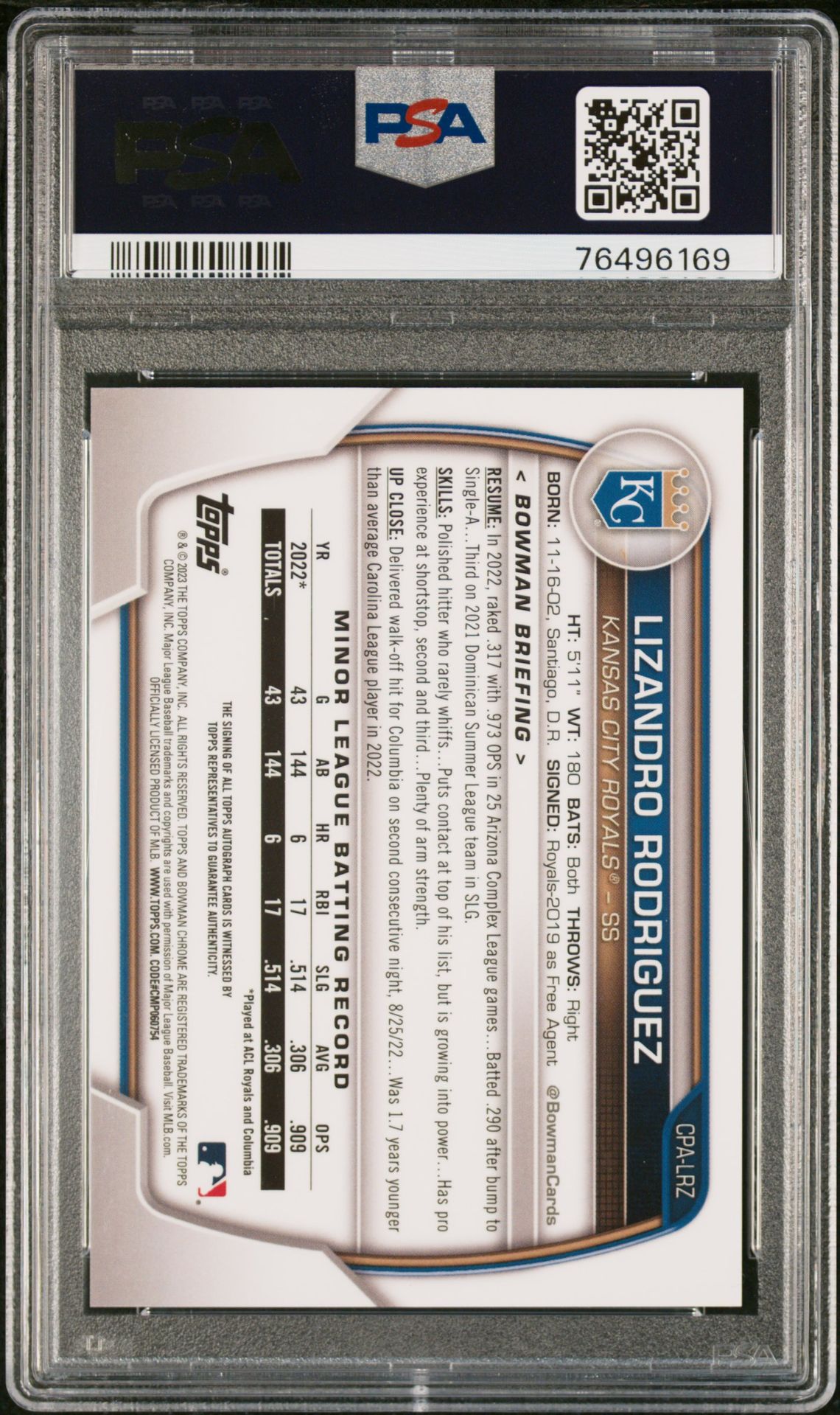 2023 Bowman Chrome Prospect Autographs Lizandro Rodriguez #Cpalrz (Chr Prospect Au-Purple Ref) Gem Mt 10 back