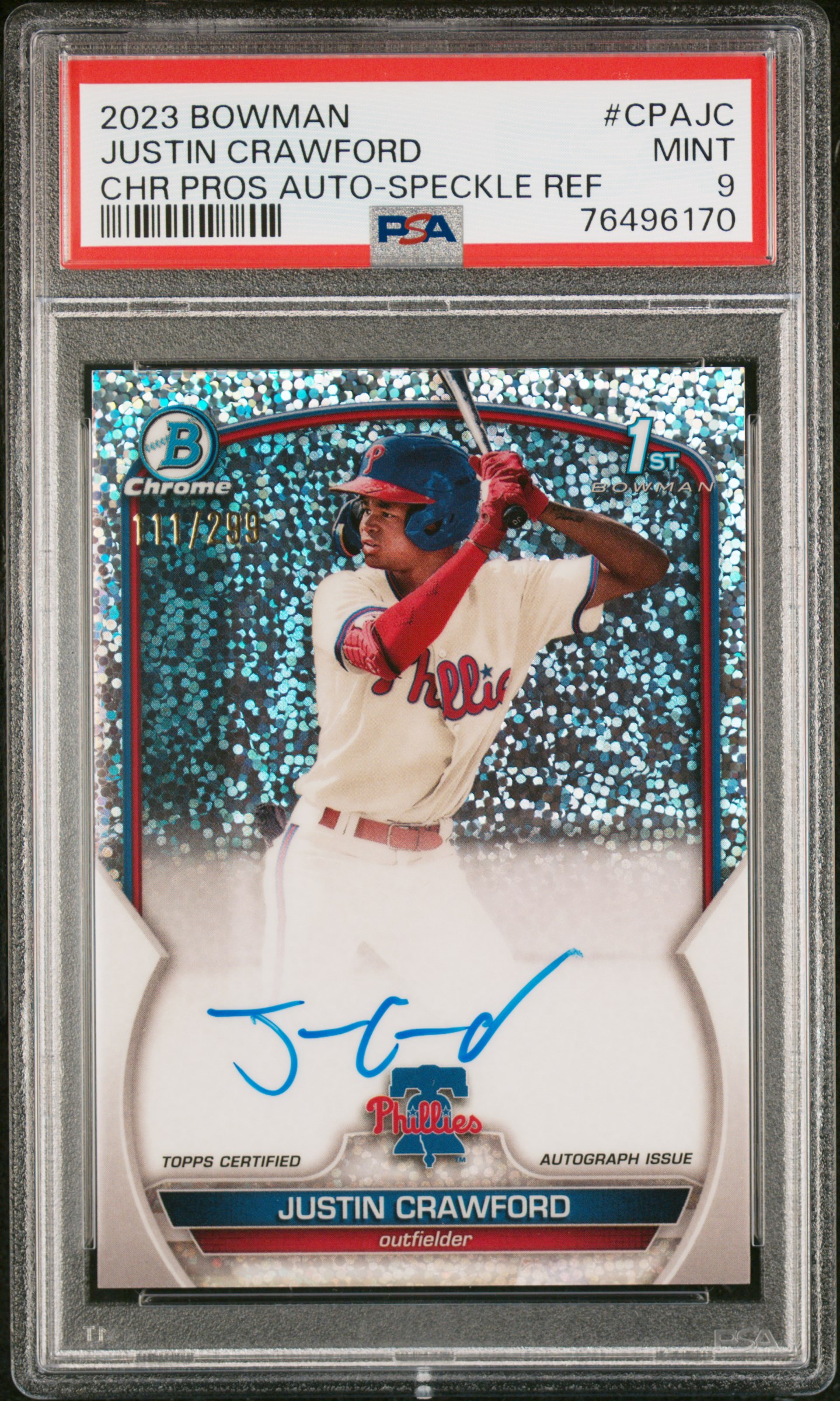 2023 Bowman Chrome Prospect Autographs Justin Crawford #Cpajc (Chr Prospect Au-Speckle Ref) Mint 9 front