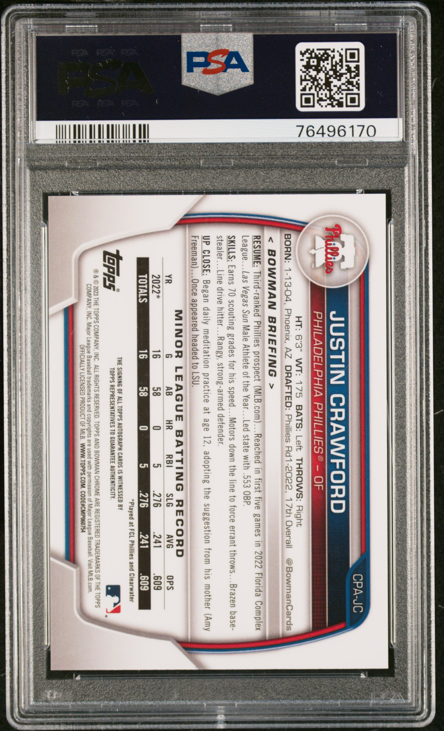 2023 Bowman Chrome Prospect Autographs Justin Crawford #Cpajc (Chr Prospect Au-Speckle Ref) Mint 9 back