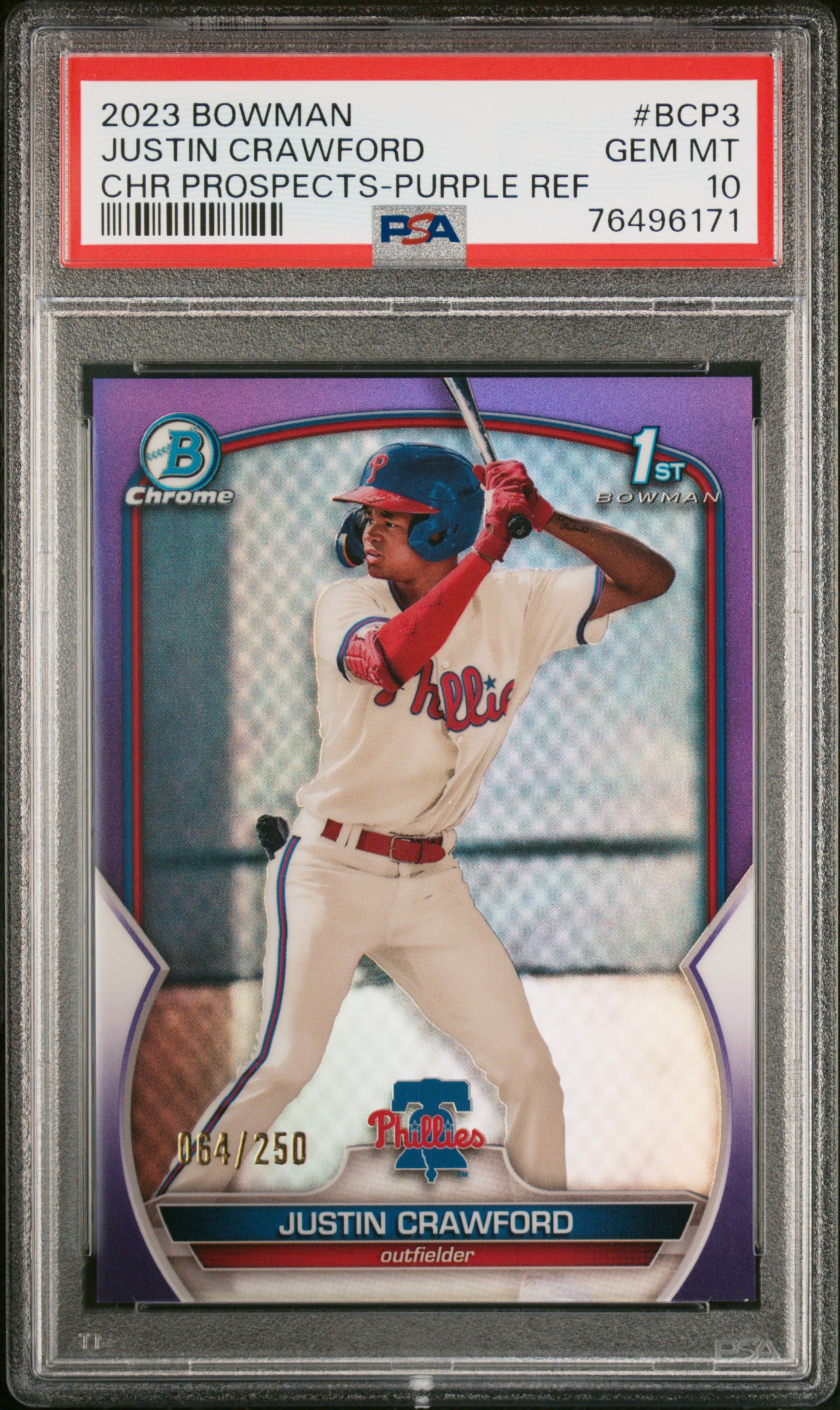 2023 Bowman Chrome Prospects Justin Crawford #Bcp3 (Chr Prospects-Purple Ref) Gem Mt 10 front