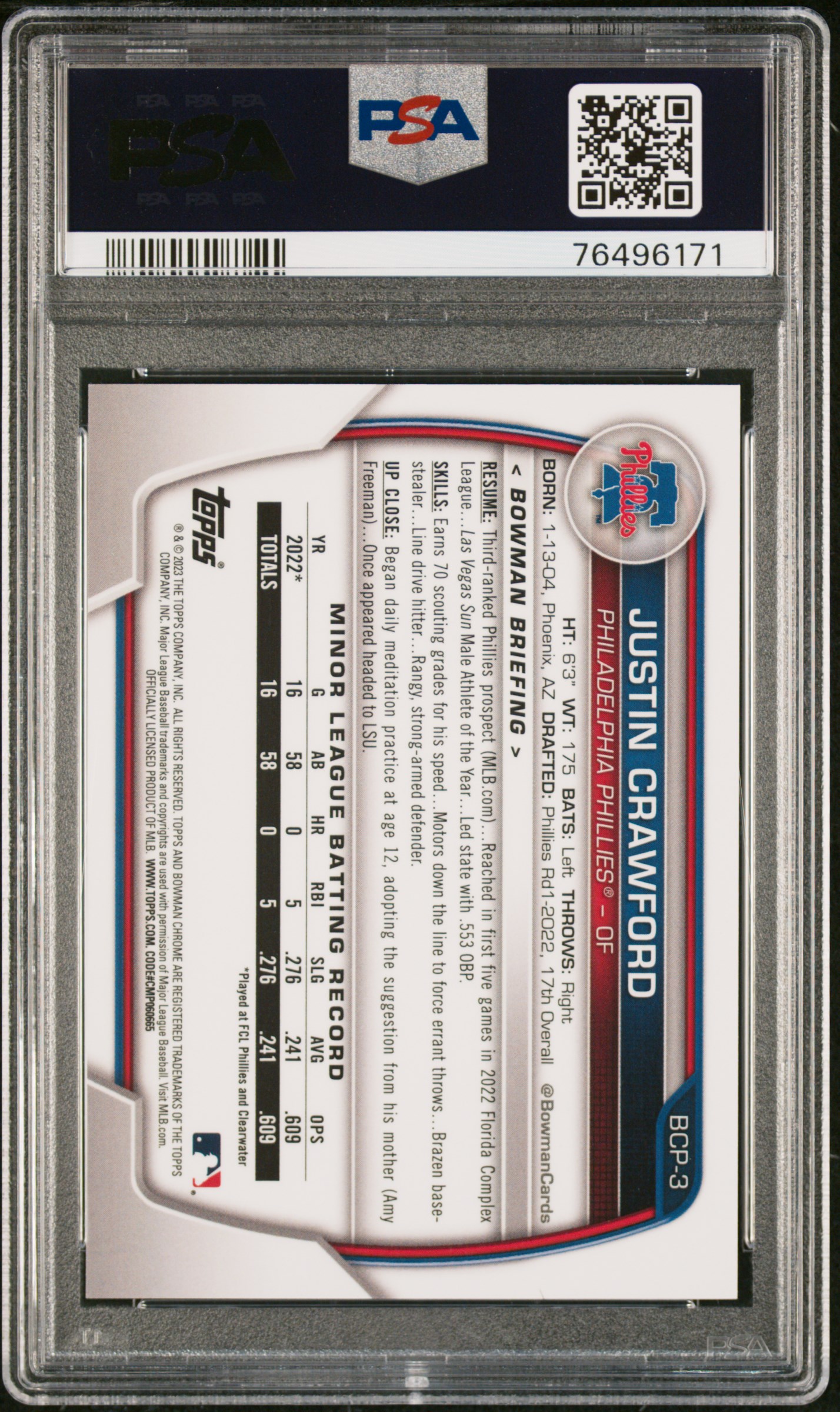 2023 Bowman Chrome Prospects Justin Crawford #Bcp3 (Chr Prospects-Purple Ref) Gem Mt 10 back