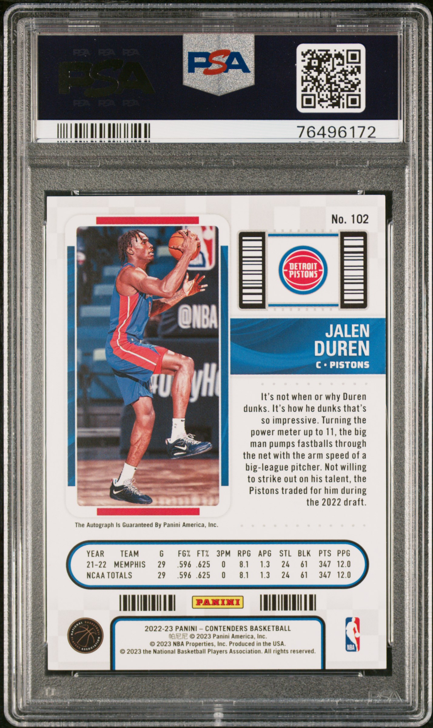 2022 Panini Contenders Jalen Duren #102 (Autograph-The Finals) Mint 9 back