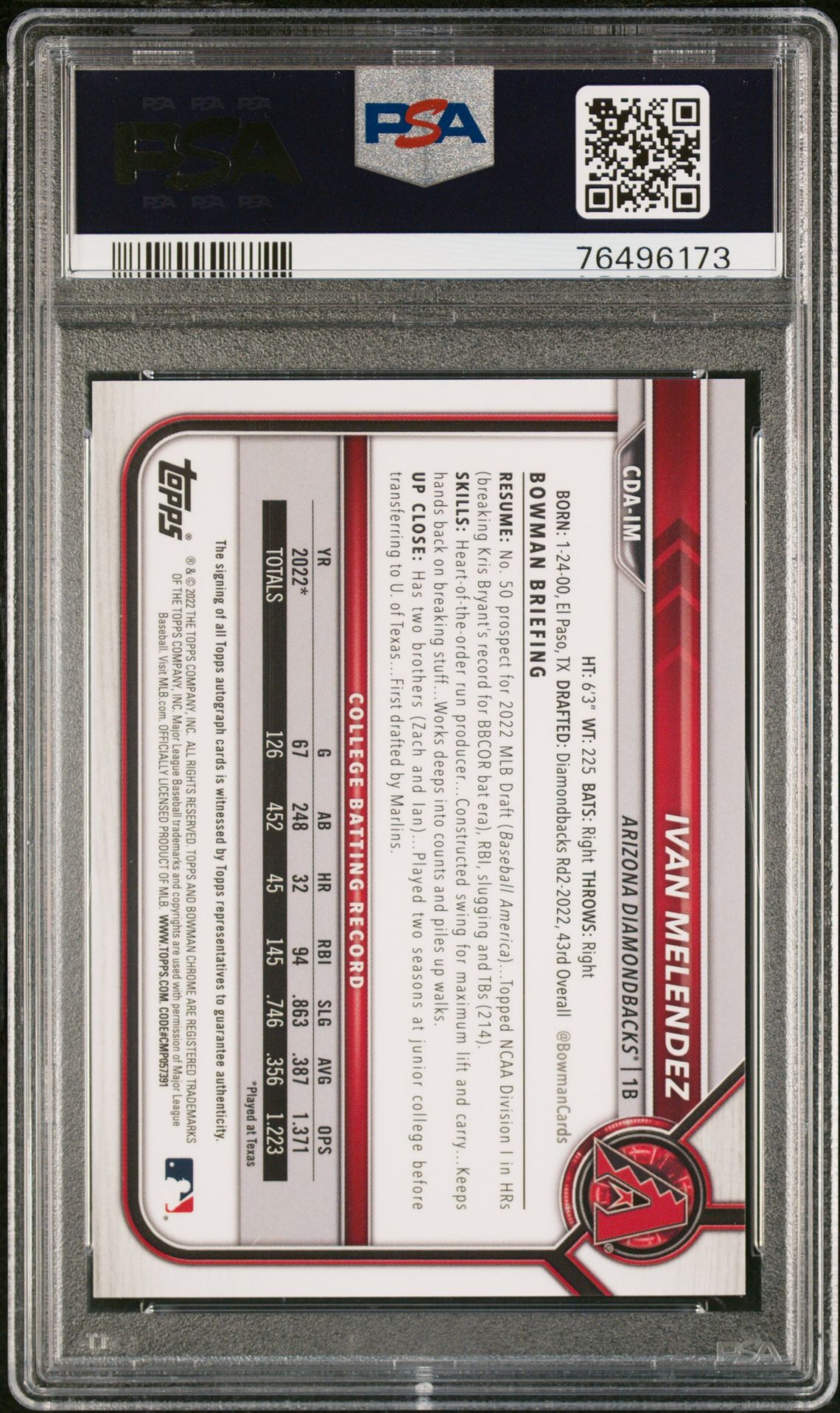 2022 Bowman Draft Chrome Draft Pick Autographs Ivan Melendez #Cdaim (Chr.dp Auto-Purple Ref.) Mint 9 back