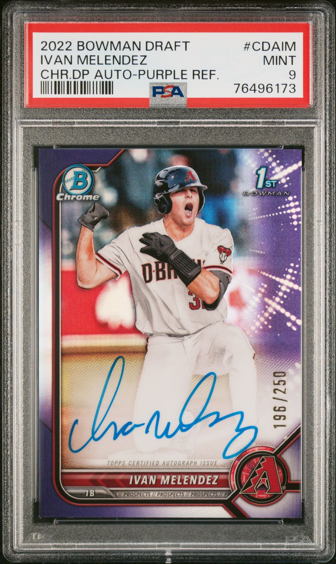 2022 Bowman Draft Chrome Draft Pick Autographs Ivan Melendez #Cdaim (Chr.dp Auto-Purple Ref.) Mint 9 front