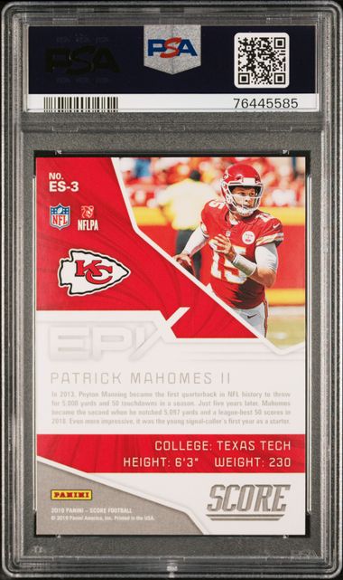 2019 Panini Score Epix Patrick Mahomes Ii #Es3 (Epix-Season) Gem Mt 10 back