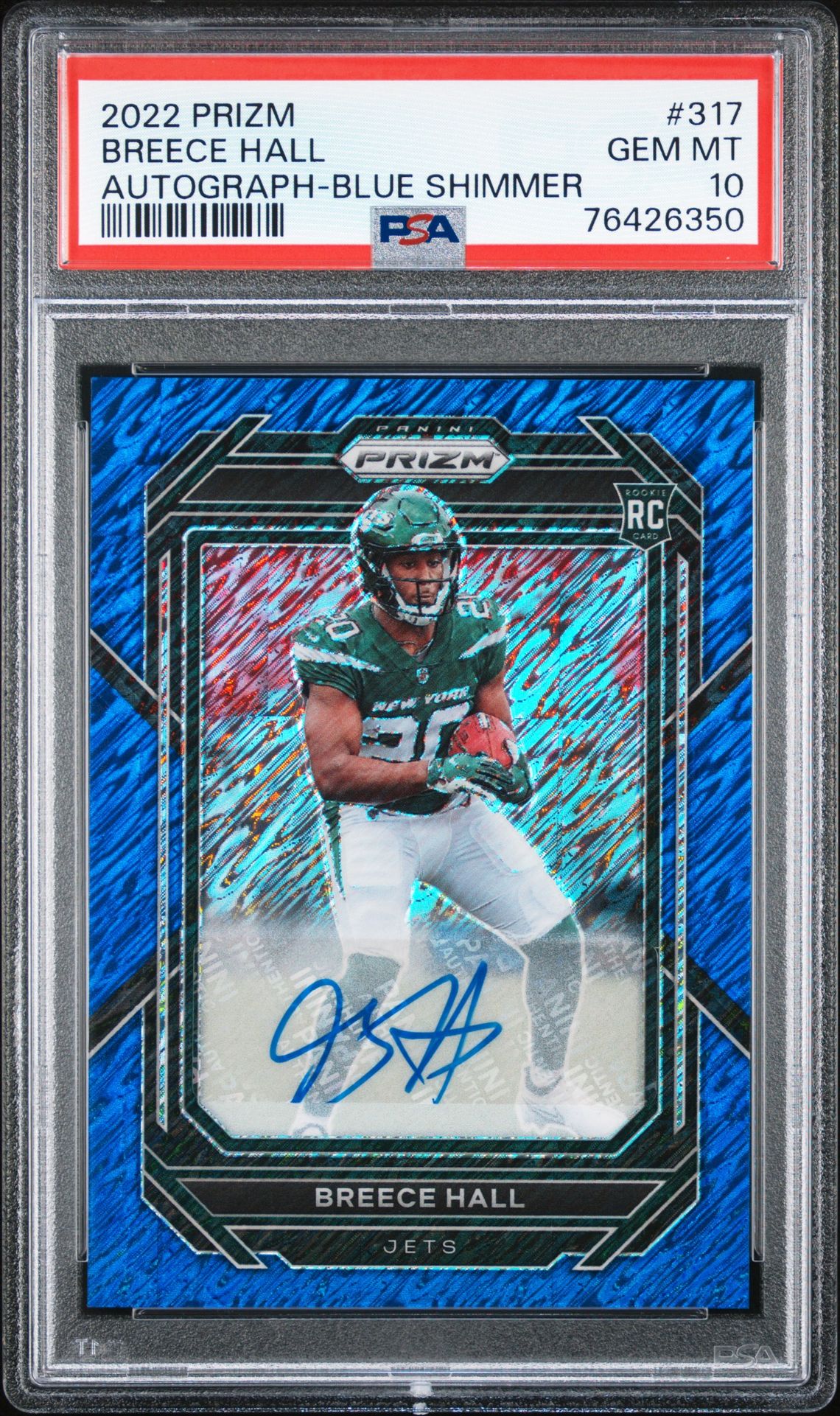 2022 Panini Prizm Breece Hall #317 (Autograph-Blue Shimmer) Gem Mt 10 front