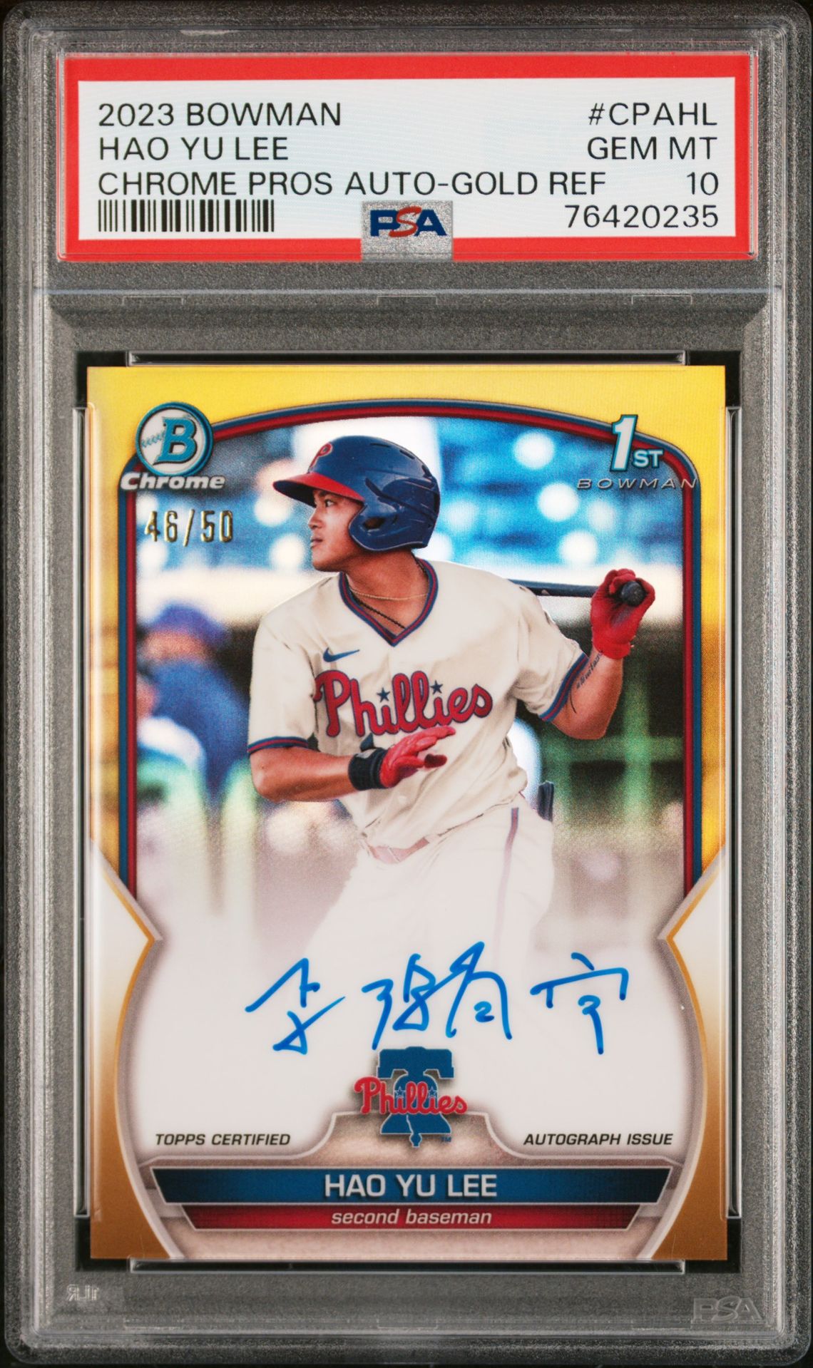 2023 Bowman BOWMAN CHROME PROSPECT AUTOGRAPHS Gold Refractor #CPAHL Hao Yu Lee front