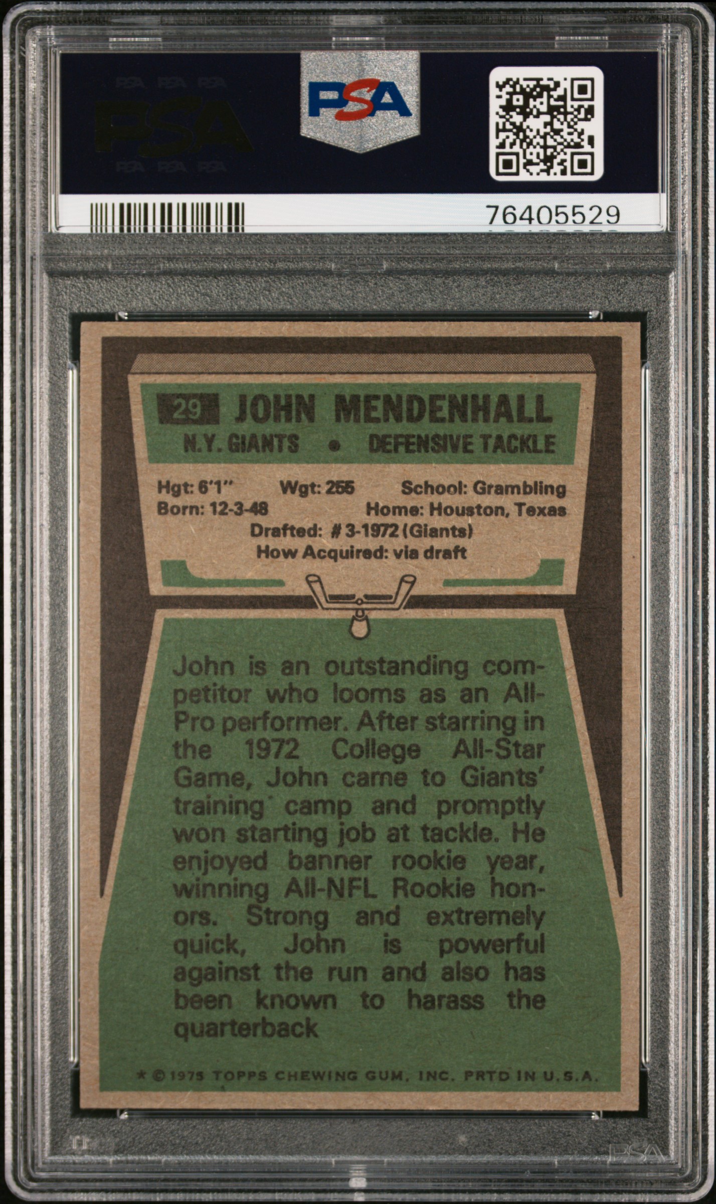 1975 Topps John Mendenhall #29 Gem Mt 10 back