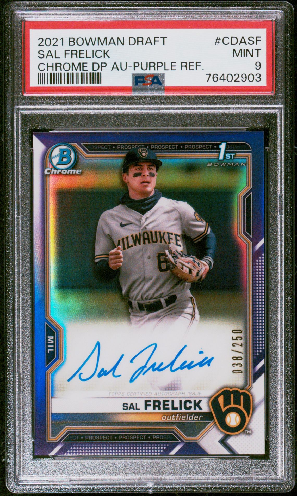 2021 Bowman Draft Chrome Draft Pick Autographs Sal Frelick #Cdasf (Chrome Dp Au-Purple Ref.) Mint 9 front