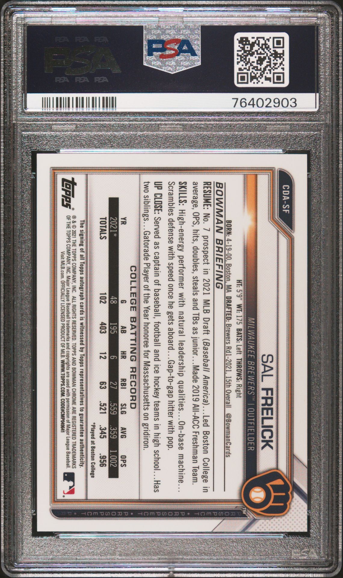 2021 Bowman Draft Chrome Draft Pick Autographs Sal Frelick #Cdasf (Chrome Dp Au-Purple Ref.) Mint 9 back